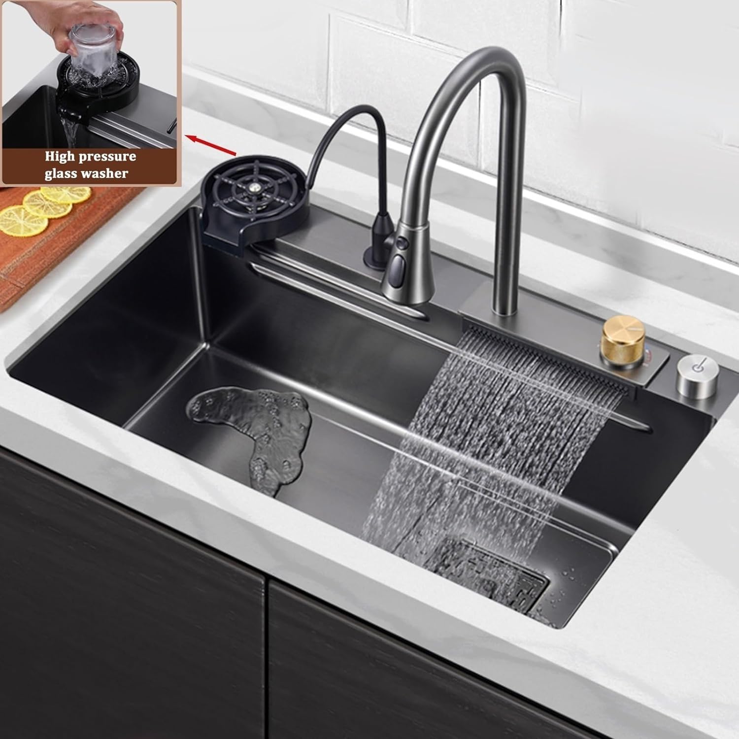 Fregadero de Cocina Negro con Grifo Tipo Cascada, lavavajillas de Acero Inoxidable, Grande, para Restaurante, Accesorios completos (tamaño: 75 x 45 cm)