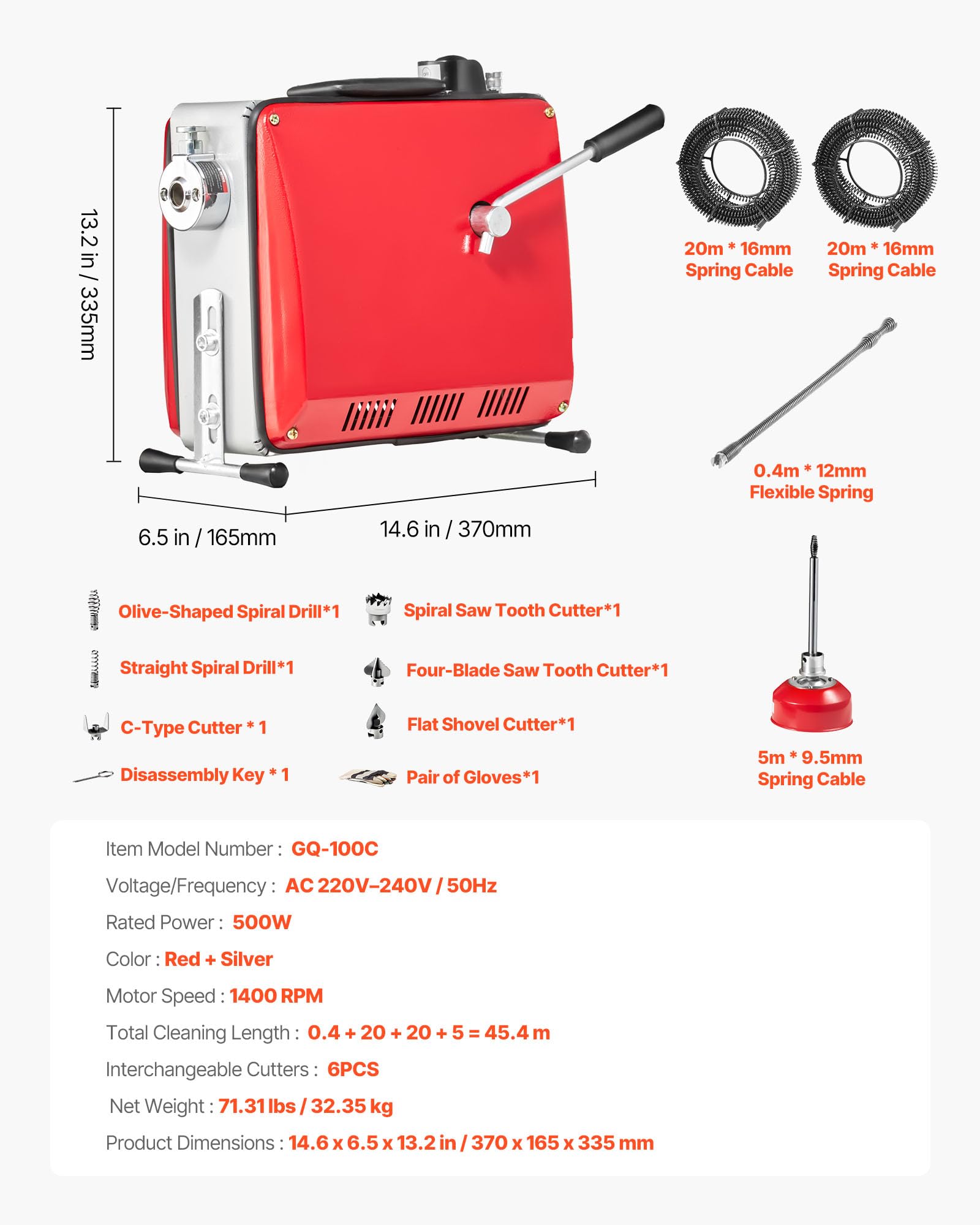 VEVOR Macchina Sturatubi Elettrica per Scarico di Tubi, 500 W, 1400 giri/min, con Cavo a Molla in Acciaio, Pulitrice per Tubi di Scarico con 6 Taglierine Diametro 50-110 mm, Docce, Bagno, Cucina