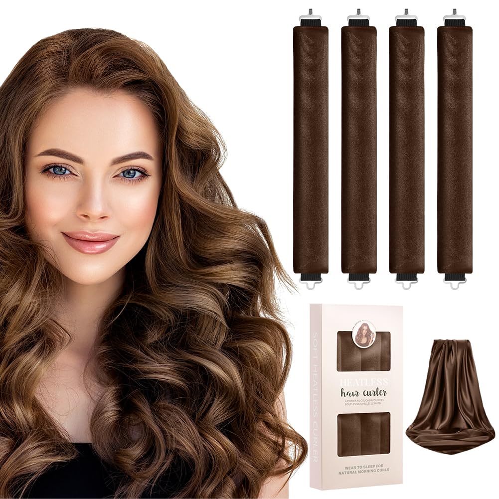 LOPHE 4 Stück Hitzefreie Lockenwickler, Overnight Blowout Locken Ohne Hitze, Hitzefreier Lockenstab für alle Haartypen,Mit Eisendraht DIY Heatless Curls Band Frisurenset Für Langes (Kaffeefarbe)