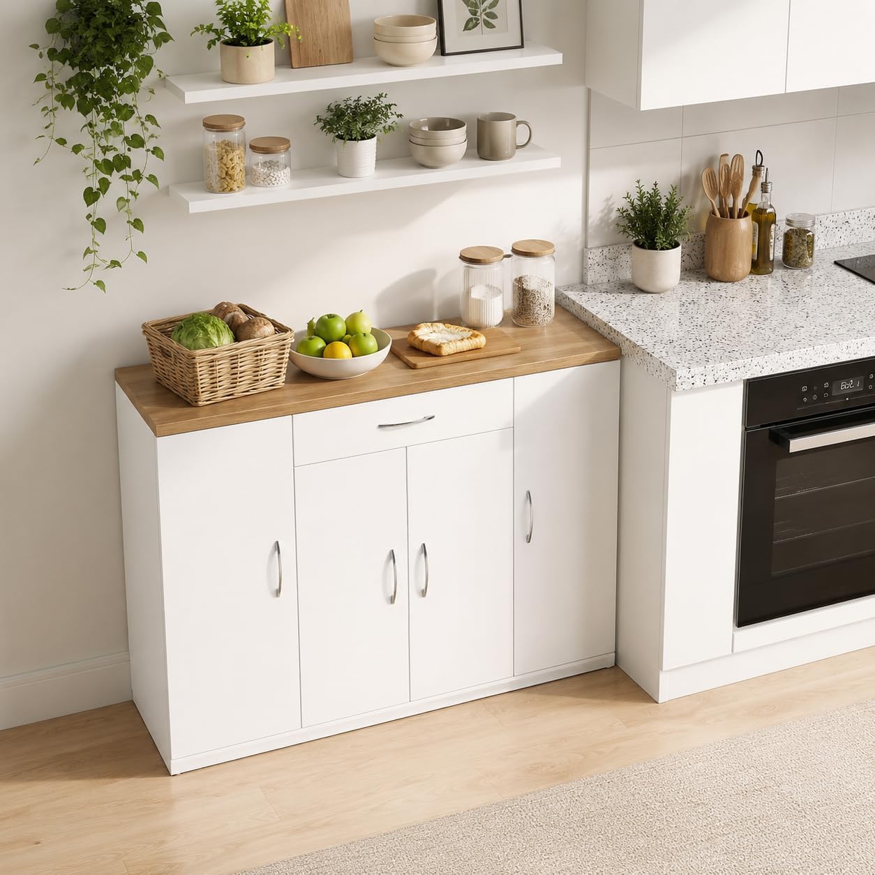 Credenza Sala da Pranzo Bianca con 4 Ante e 1 Cassetto 110×30×70cm | Credenza con 4 ante e 1 cassetto, spazio pratico per organizzare stoviglie, posate e accessori nella sala da pranzo