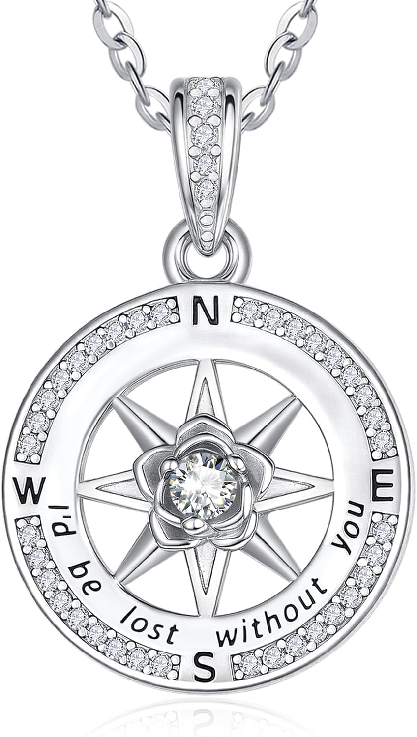 Compass Necklace for Her, White Gold I'd Be Lost Without You Compass Jewelry Travel Gift, Girlfriend Wife Daughter Mom Birthday Gifts with Birthstone Pendant