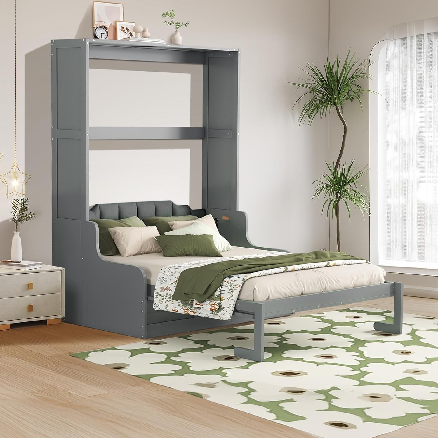 CAPCAEK Queen Size Murphy Bed Wall Bed with Cushion Under Chair,Space-Saving Cabinet Bed, Horizontal Murphy Bed Chest for Multipurpose Guest Room or Home Office (Espresso, Queen (U.S. Standard))