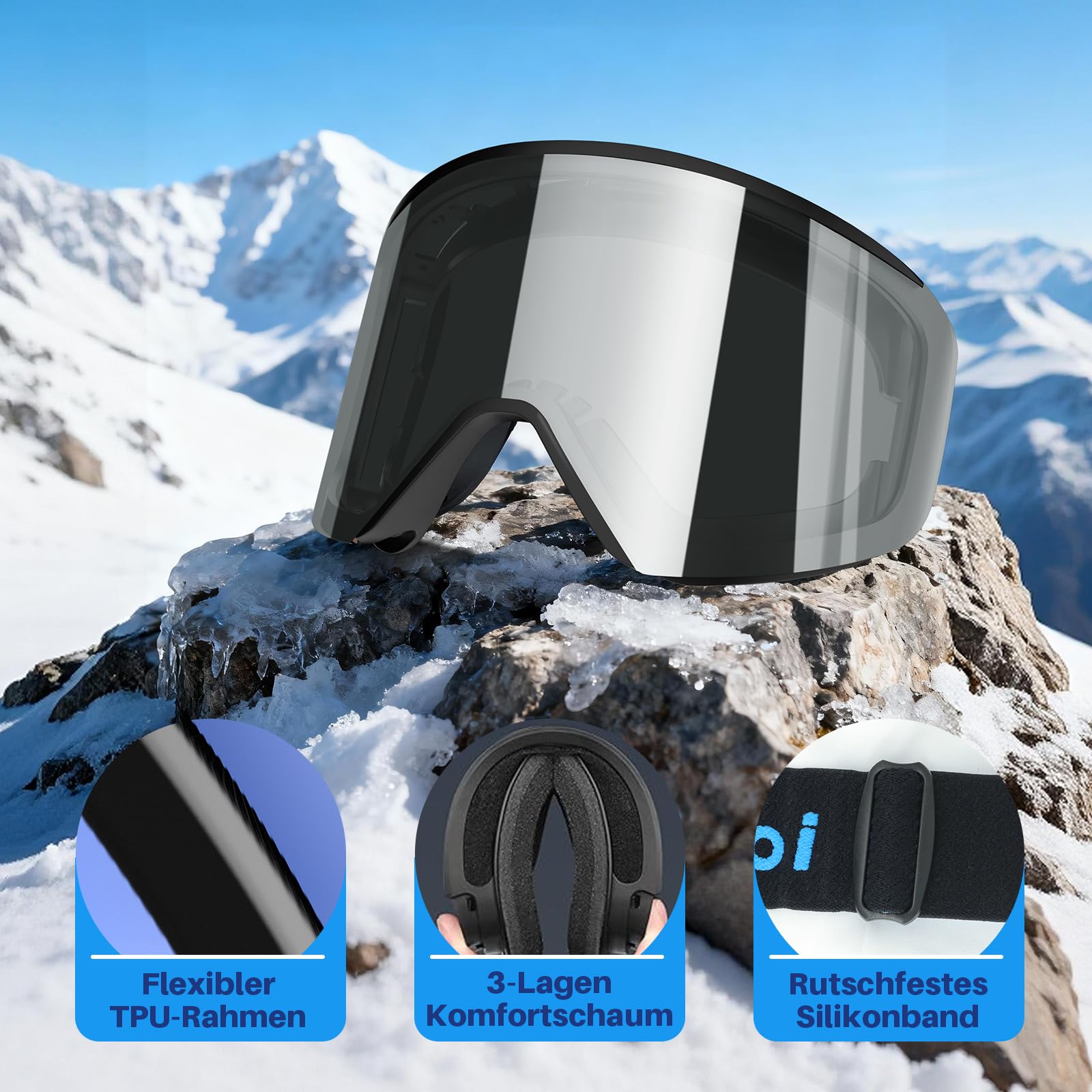 Skibrille für Herren & Damen und passende Wechselgläser, OTG Snowboardbrille mit optionalem Magnet-Wechselsystem, UV400 Schutz & Anti-Fog