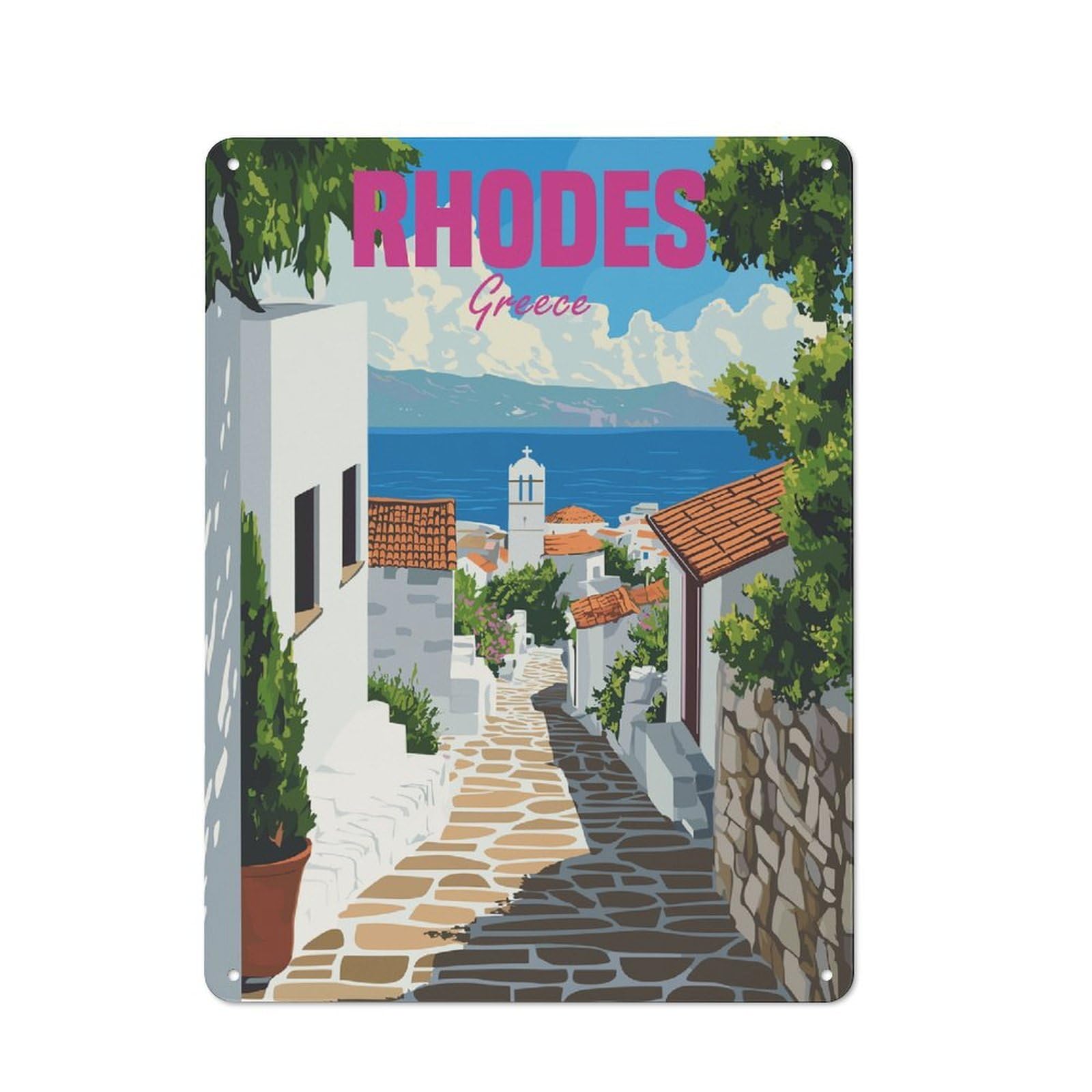 Junmoney Style-21 Metal Gift Sign With Rhodes Greece Travel Design 40X30cm, Character Room Wall Plaque For Flat, Dorm Room, Lounge Or Cafe