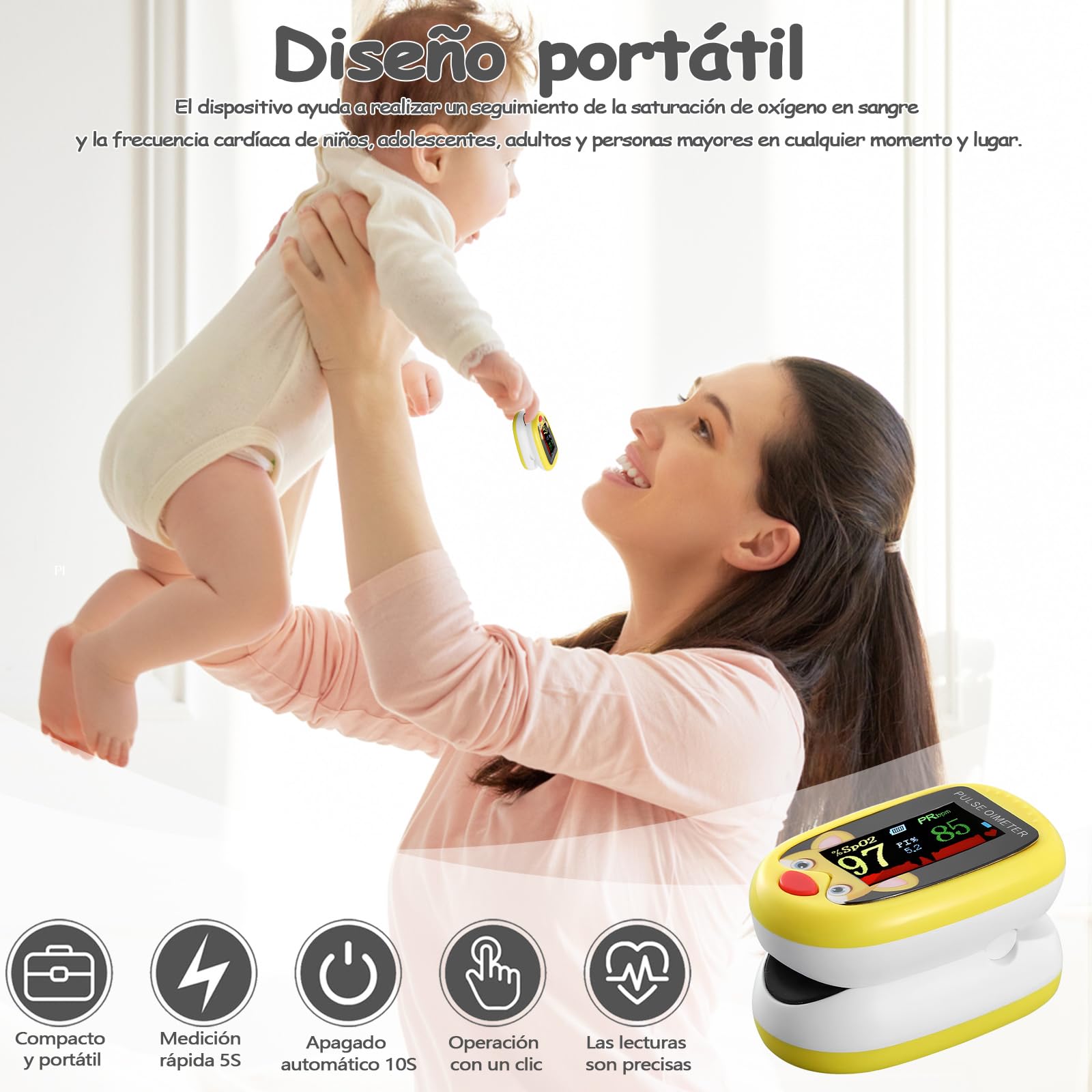 Pediatric Oximeter, Rechargeable Digital Oximeter, Can Monitor Blood Oxygen Saturation, Pulse Rate and PI at the Same Time, Suitable for Daily Testing and Monitoring (Yellow) 2