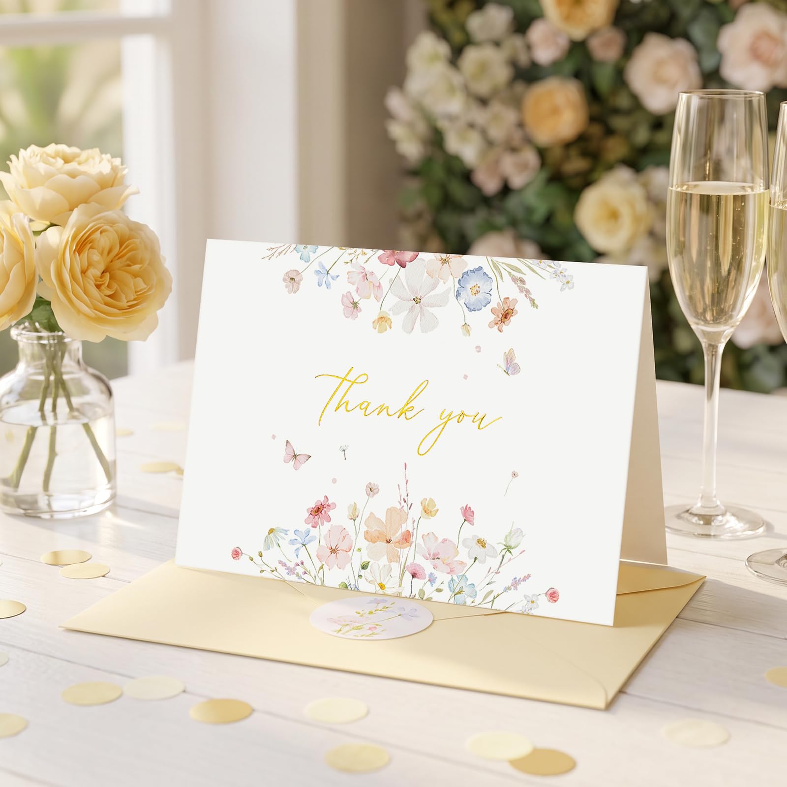Crisky Lot de 50 cartes de remerciement florales assorties avec enveloppes et autocollants, aquarelle, fleurs sauvages délicates pour anniversaire, fête prénatale, mariage, remise de diplôme