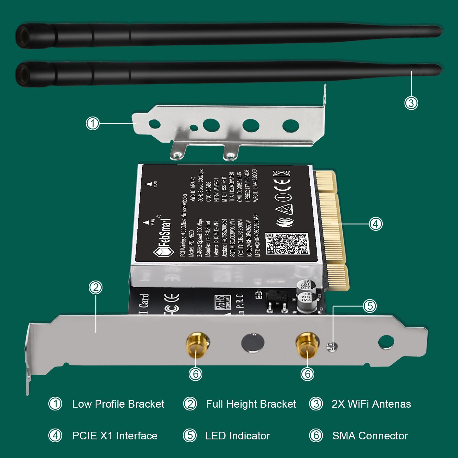 Wireless N Dual Band 600Mbps (2.4GHz 300Mbps o 5GHz 300Mbps) PCI WiFi Adapter per Windows 11, 10, 8.x, 7, XP (32/64bit) e PC desktop Windows Server, interfaccia PCI scheda WiFi (PCI-N600)