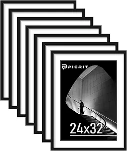 Picrit 24x32 Black Poster Frame 7 Pack, Display Pictures 20 x 28 Picture with Mat or 24 x 32 without Mat for Horizontal or Vertical Wall Mounting, Wall Gallery Photo Frames