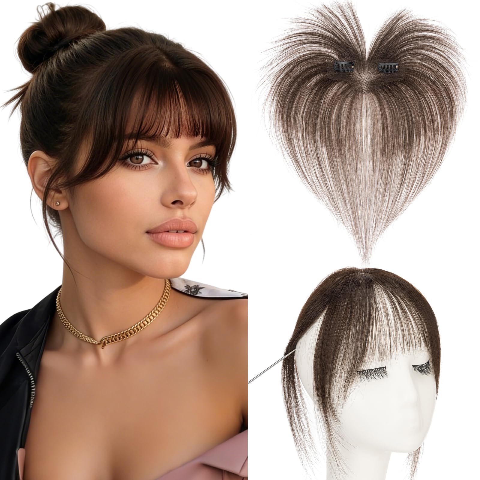 Rich Choices Frange à Clip 100% Cheveux Naturel Postiche Cheveux Naturel Fausse Frange Extensions de Cheveux Remy Clip in Bangs Lisse #2 Marron Foncé