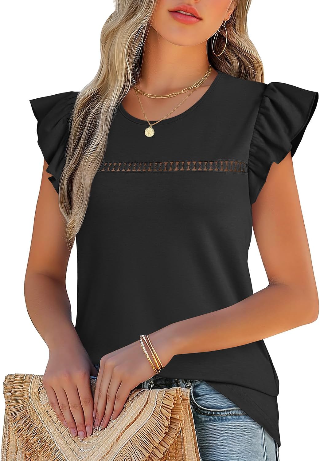 JUSTFASHIONNOW Womens Ruffle Short Sleeve Tops Cute Summer Shirts Dressy Casual Crew Neck Blouses 2026 Fashion Outfits - Image 2