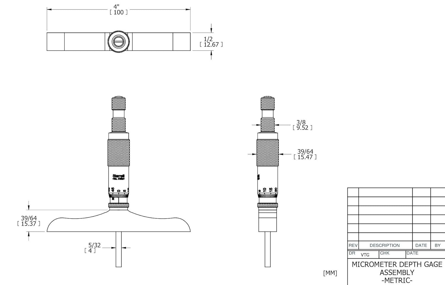 Starrett 445MAZ-75RL Vernier Depth Gauge, Ratchet Stop, Lock Nut, Micrometer Type, 0-75mm Range, 0.01mm Graduation, 75mm Base, 3 Rods, +/-0.002mm Accuracy