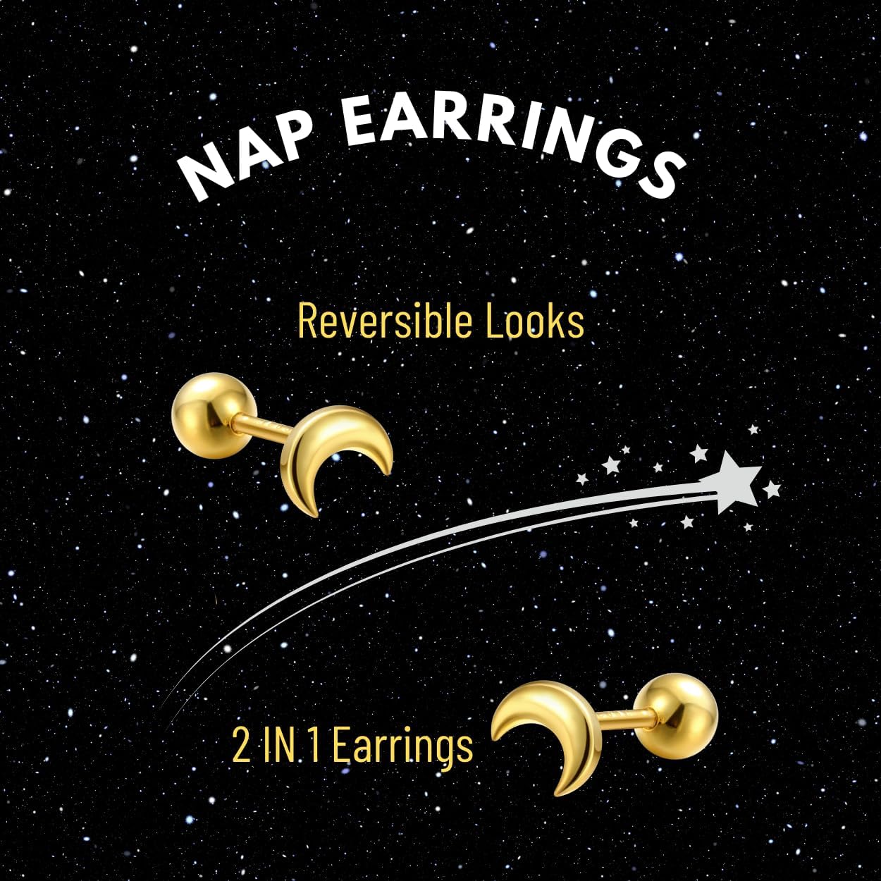 COSMO CARAT 14K Gold Plated Nap Earrings 925 Sterling Silver Star Moon CZ Stud Earrings Screw Back Hypoallergenic Celestial Tiny Cartilage Helix Second Piercing Earrings For Women