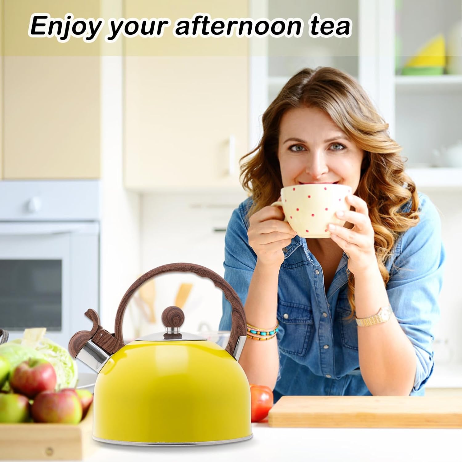 Stainless Steel Tea Kettle, 2.3 Quart Yellow Loud Whistling Tea Kettle, Teapot for Stove Top with Wood Pattern Handle, Water Teapot for Gas, Induction, Electric Stovetops (Yellow), 2.5L