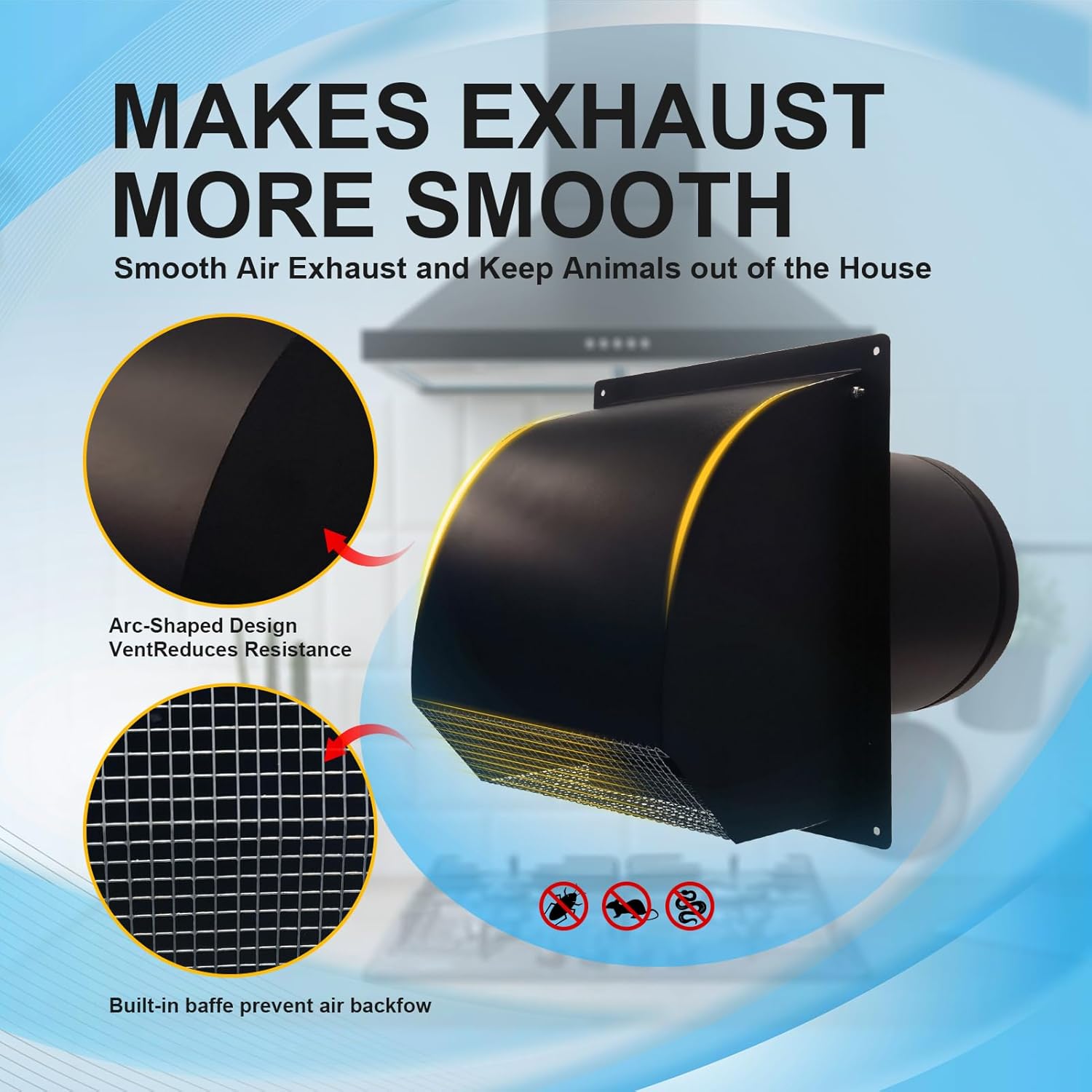 8 Inch Galvanized Steel Hooded Wall Vent,Arc-Shaped Outdoor Wall Vent Cap with Mesh Cover and Damper for Kitchen, Bathroom, Laundry, Garage Ventilation and Exhaust (Black, 8 Inch)