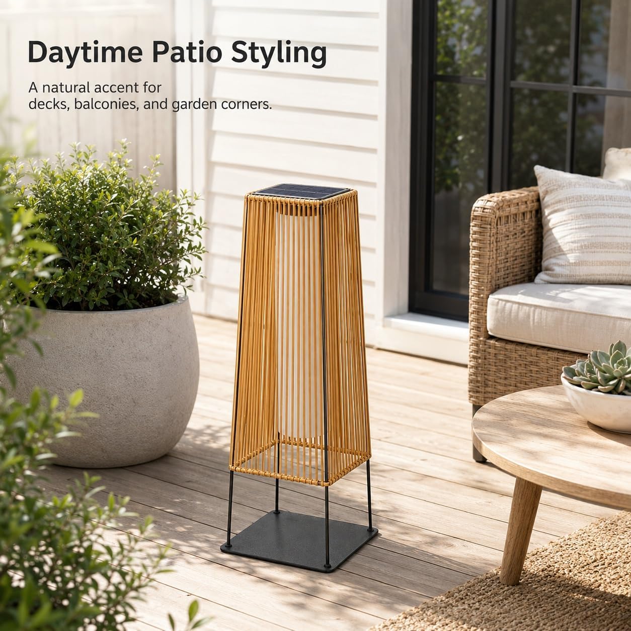 Solar Outdoor Floor Lamp, Woven Rattan Shade for Landscape Lighting | Dual-Charging Lantern for Patio, Deck, Balcony And Poolside, IP65 Stainless-Steel Frame with Screw-Fixed Base(Medium)