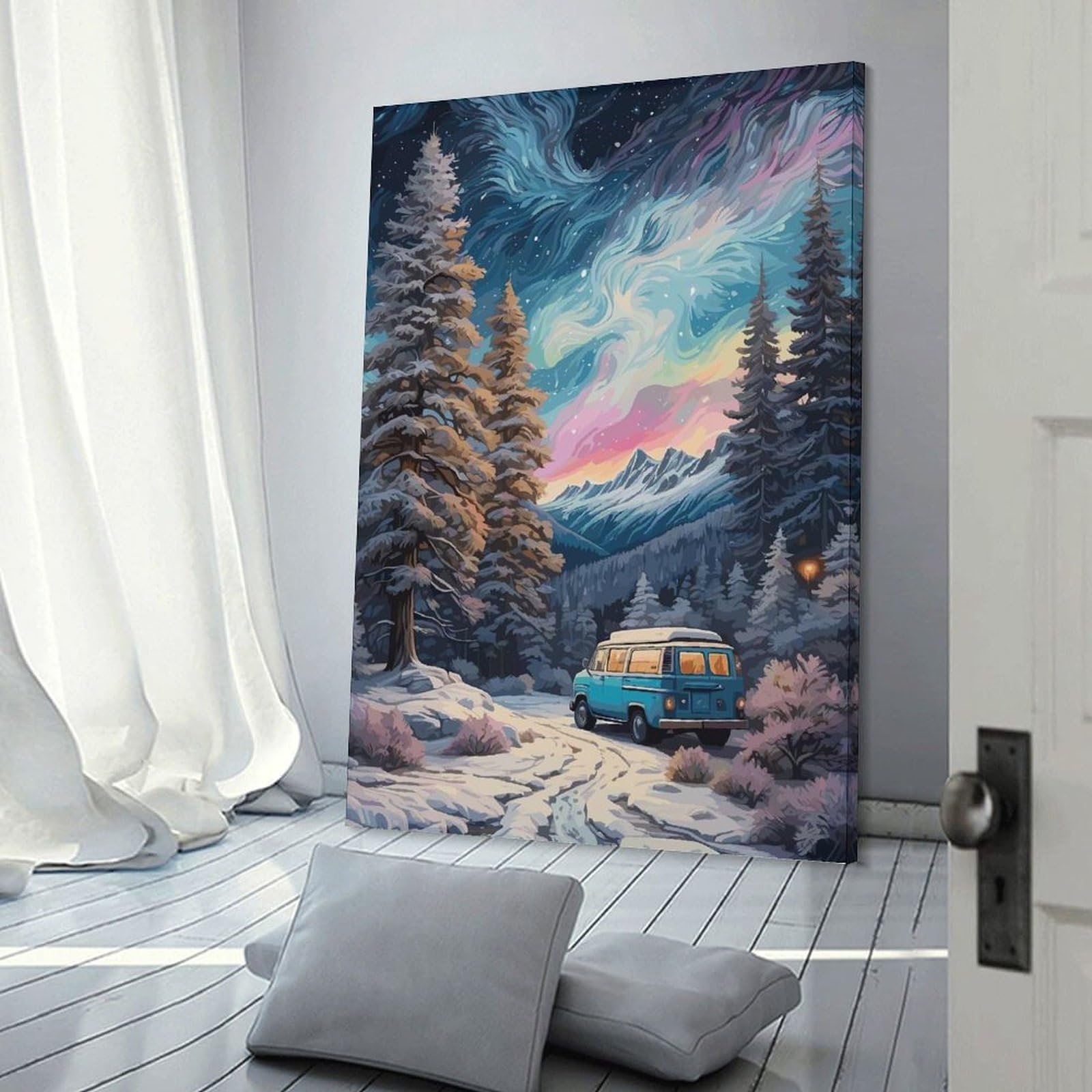 Junmoney Frame-Style-15 Aurora Borealis Forest Car Hanging Wall Art, 20X30inch(50X75cm), For Bedroom Decor, Cosy Corners Or Studios, An Easy Wall Refresh For Bedrooms