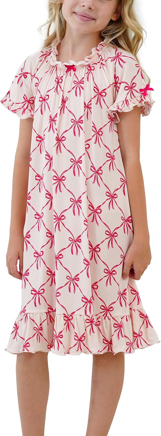 Bamboo Viscose Girls' Sleepwear Short Sleeve Ruffle Hem Kids Nightgown