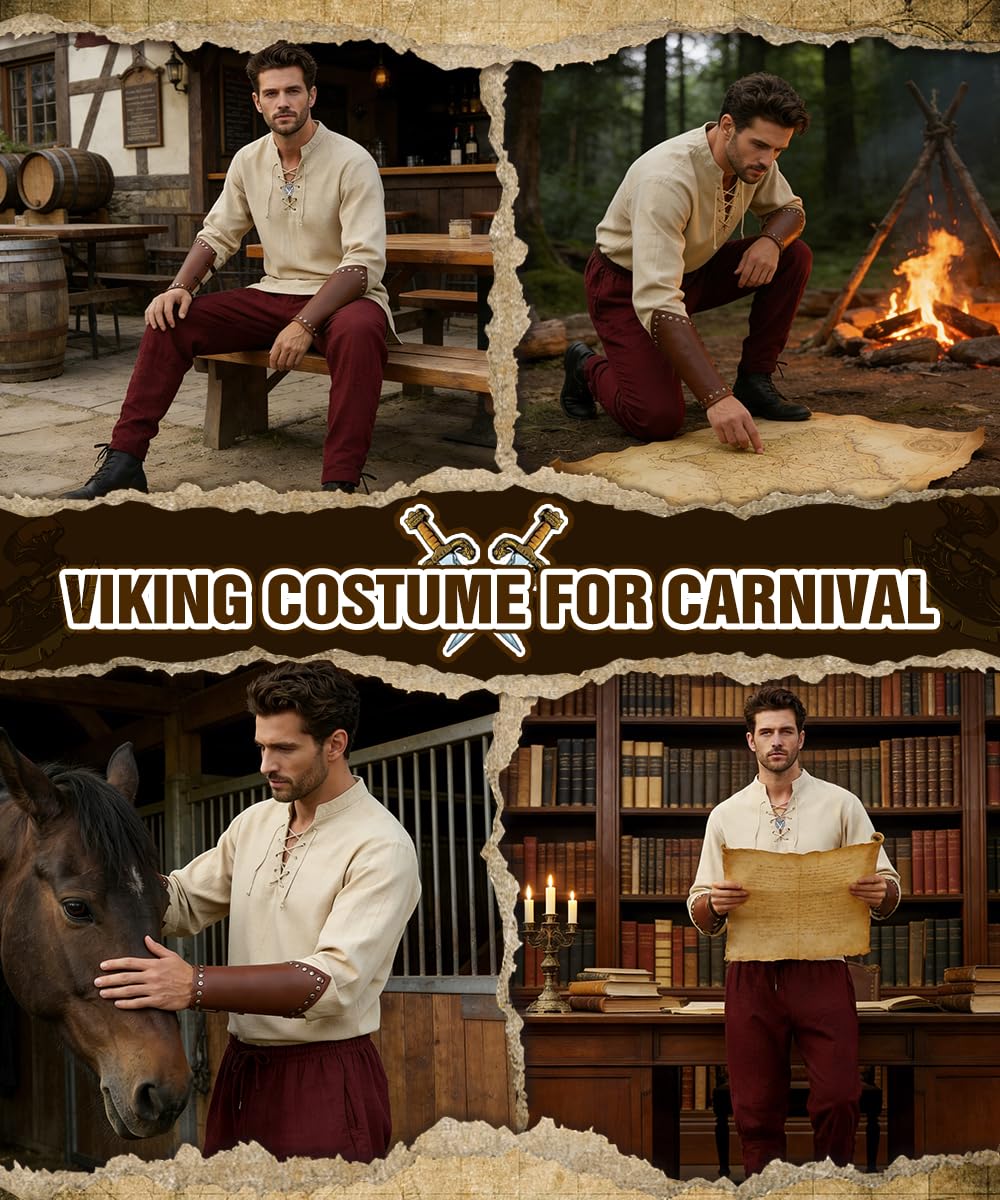 Costume Medievale Uomo, Abbigliamento Rinascimentali con Camicia Pantaloni da Pirata, Costume Carnevale Cavaliere, Regalo per Uomo, Costumi Medievale Vichingo per Halloween Cosplay