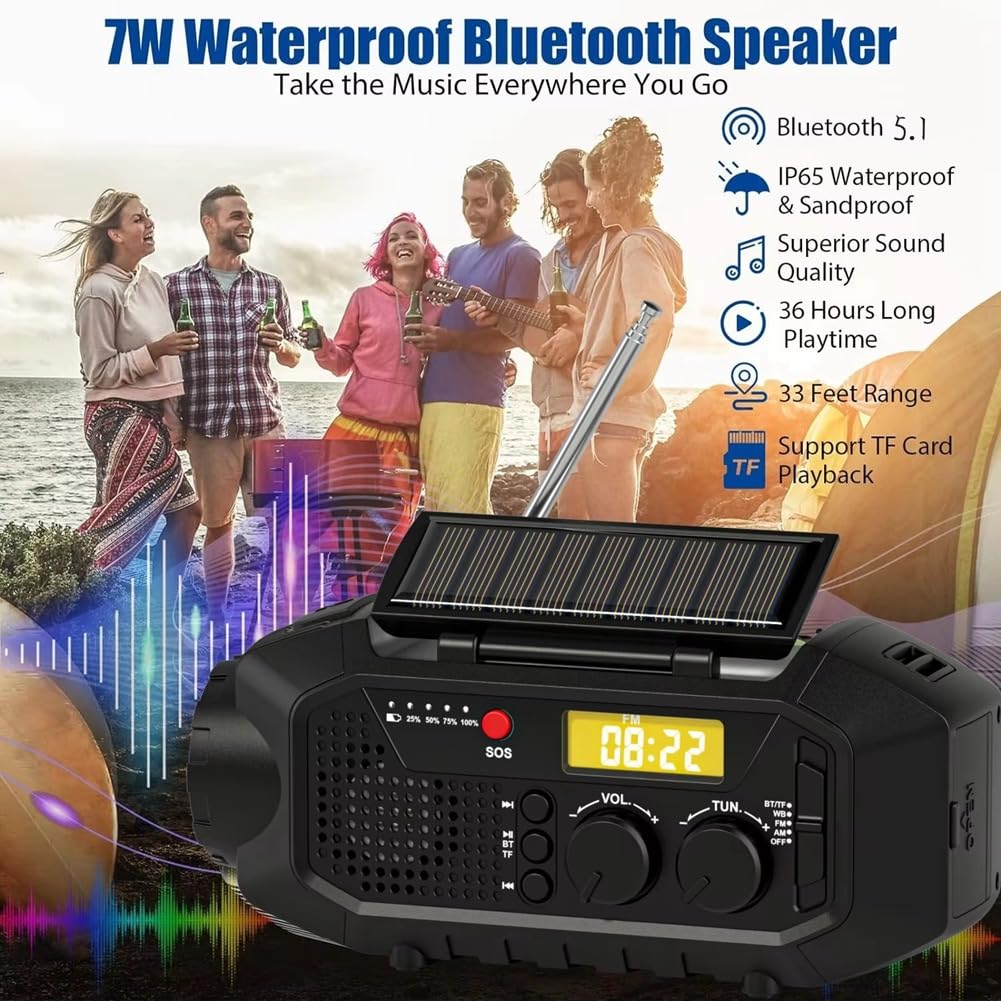 Radio awaryjne, głośnik Bluetooth, przenośna korba solarna radio AM/FM do survivalu, ładowarka USB, alarm SOS, do czytania