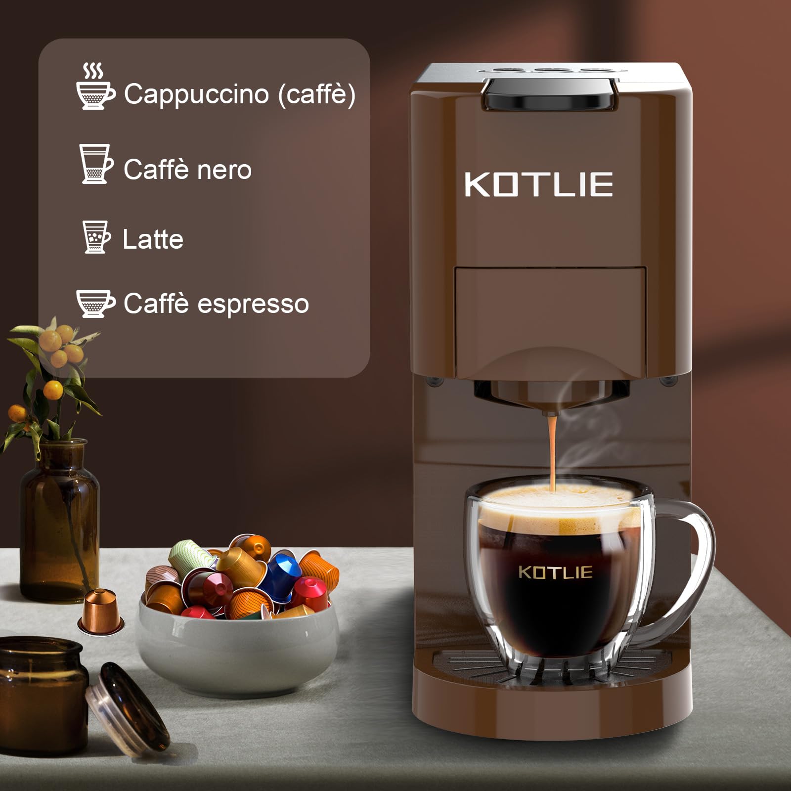 KOTLIE Macchina Da Caffè Capsule 4 in1,Per NES/DG/Caffè Macinato/ESE PadS(44mm),19Bar,800ML(AC-513K)