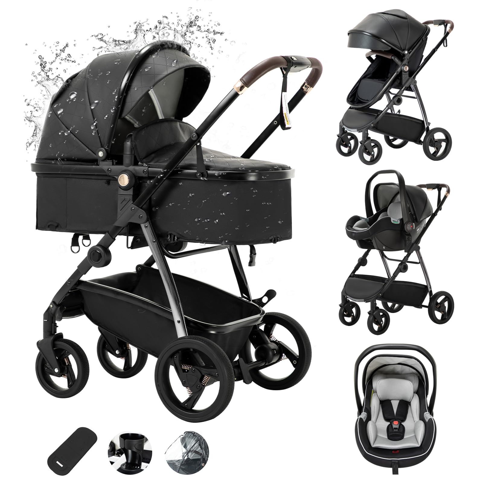 Passeggino 3 in 1 con seggiolino auto 3 in 1 con parapioggia, telaio in alluminio, pieghevole, con una sola mano, per bambini da 0 a 4 anni, colore: nero Black