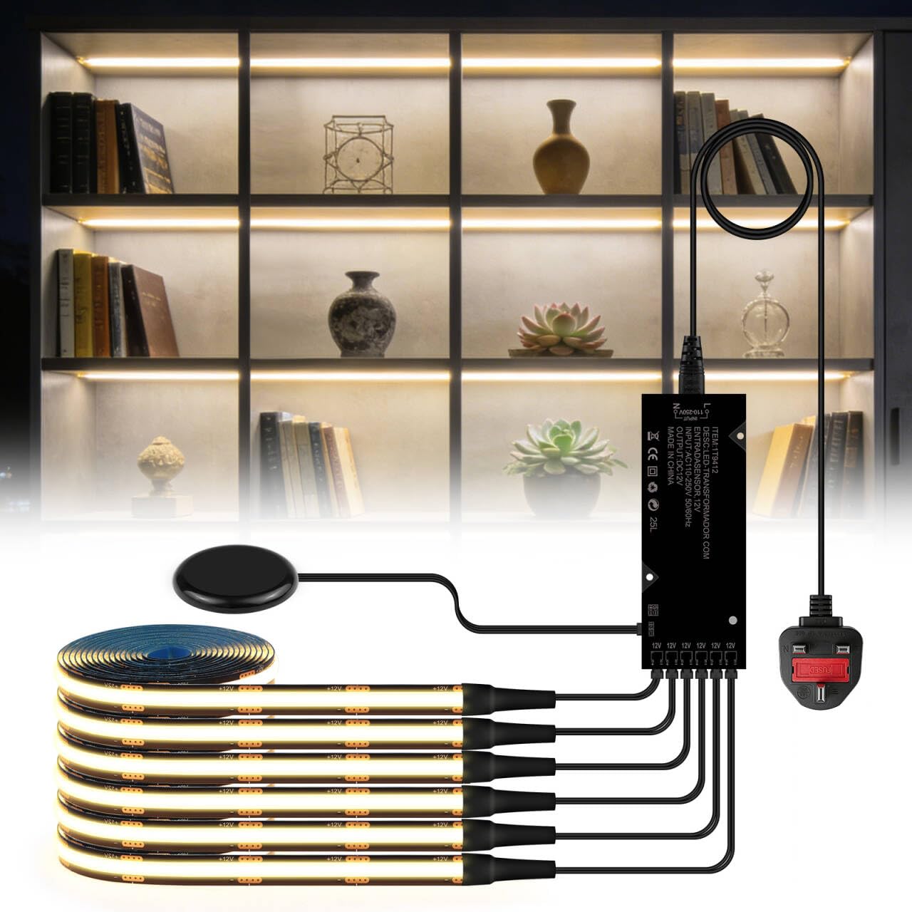 Upgraded Black Panel COB LED Strip Light,6 Rolls Cabinet Light with Touch and Hand Sweep Dimmer Switching,12V Cuttable COB LED Strip for Display Cabinets,Wine Cabinets (Natural White, 3.3ft/1M)