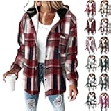 Fleece Jacket Women Sherpa Lined Flannel Plaid Shacket with Pockets Fuzzy Button up Hooded Winter Coat Fall Clothes