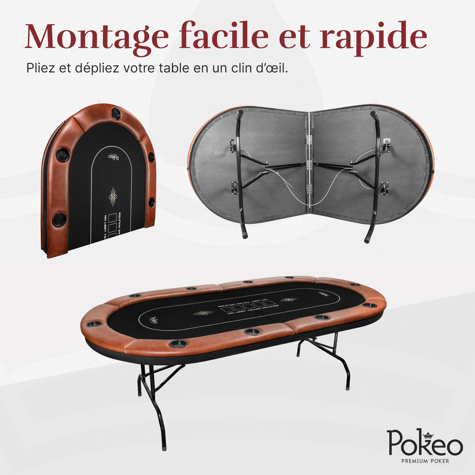 Mesa de Póker Plegable para 10 Jugadores – Tapete Negro – Compacta – Apoyabrazos PU Marrón – 10 Portavasos – Texas Hold'em Blackjack