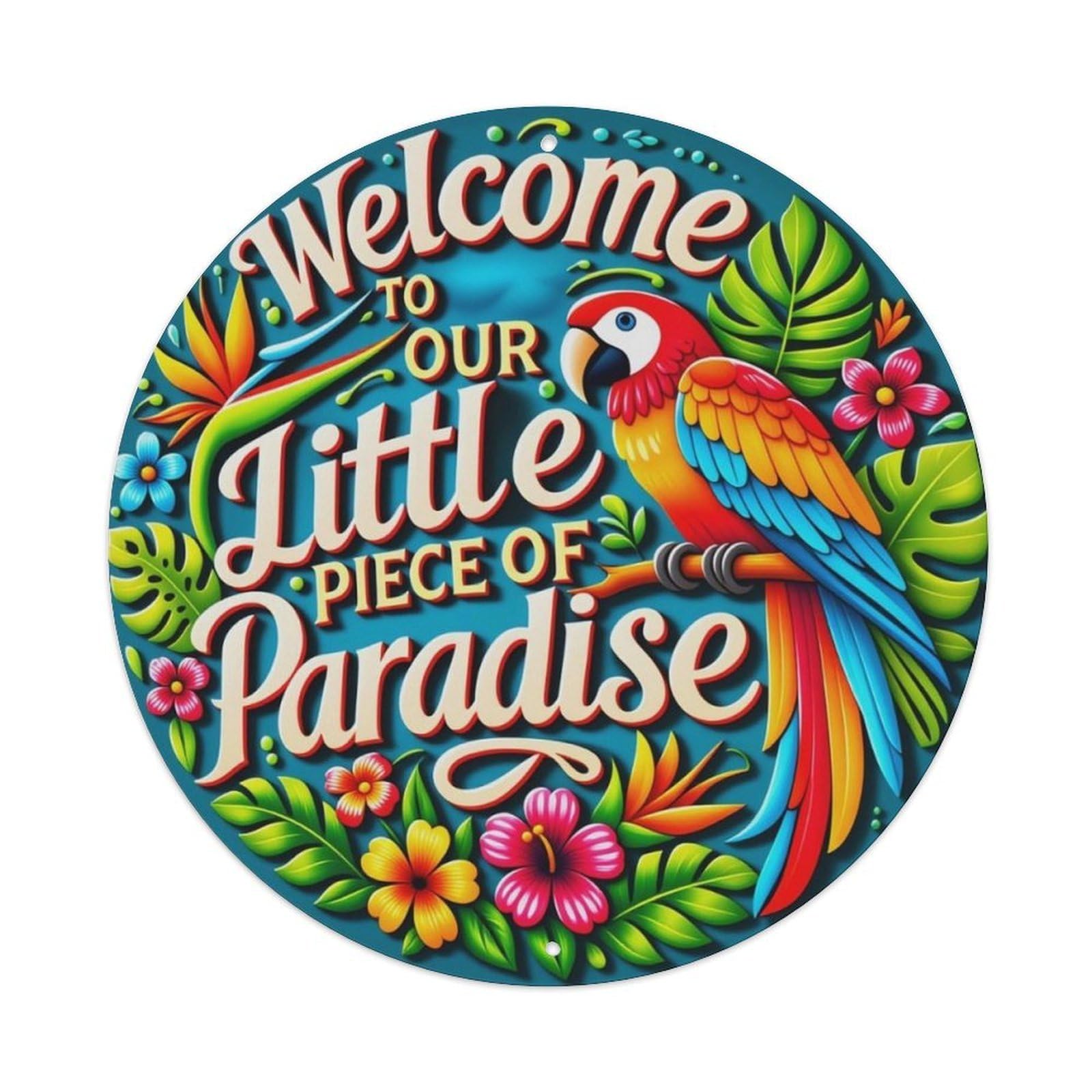 Ldfuieksufg Style Tropical Parrot Paradise Welcome Round Decor Sign Vintage Aluminium Metal Sign, Retro Wall Decor For Home, Bar, Garage & Farmhouse 20X20cm