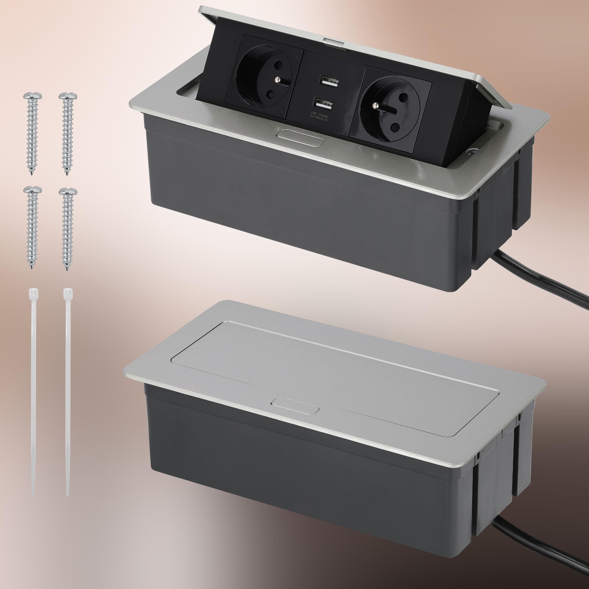 KOTARBAU® - Ciabatta elettrica a 2 prese, con porte USB, in alluminio, colore argento