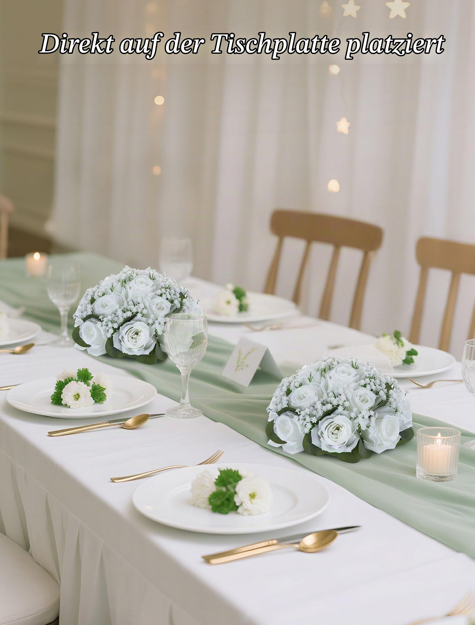 BLOSMON Kunstblumen Rosen Schleierkraut Hochzeitsdeko, 10 Stück, Weiß | Künstliche Rose Gypsophila Blumenstrauß, Blumen Kugeln für Tischdeko, Hochzeit Party, Tafelaufsätze Dekoration, Zimmer Deko