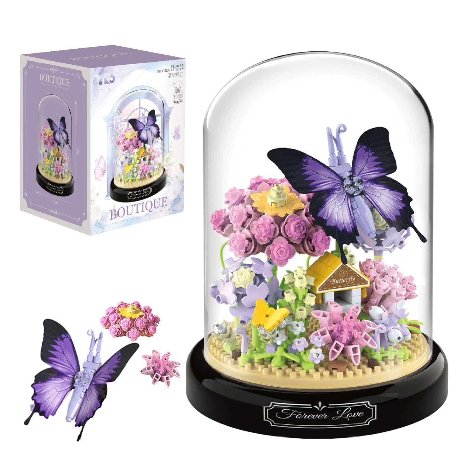 Flower Bouquet Butterfly Building Set, Bonsai Tree Building Kit with Dust Cover, Valentine's Day for Her Mom Women Wife Girlfriend (Butterfly)，582 Pieces Micro Bricks