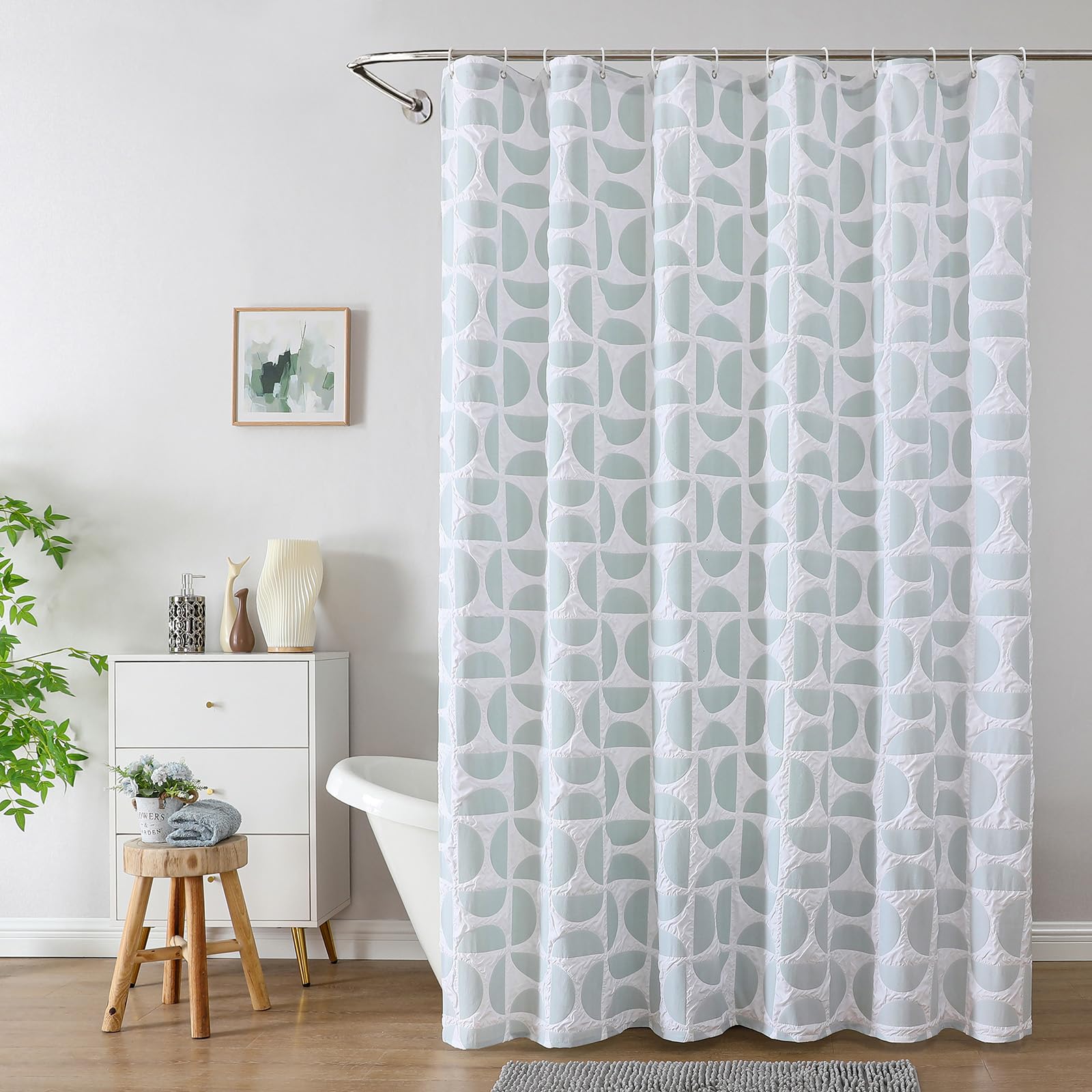 Aiyufeng Extra Long White and Green Shower Curtain Set 72x84 Inches, Fabric Shower Curtain Modern Farmhouse 3D Geometric Embossed Shower Curtains for Bathroom, Minimalist Textured Cloth Shower Curtain