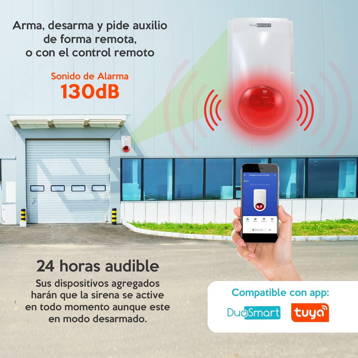 DuoSmart B20 siren sounding at 130dB, with a smartphone displaying the app, illustrating remote arming/disarming and 24-hour audible feature.