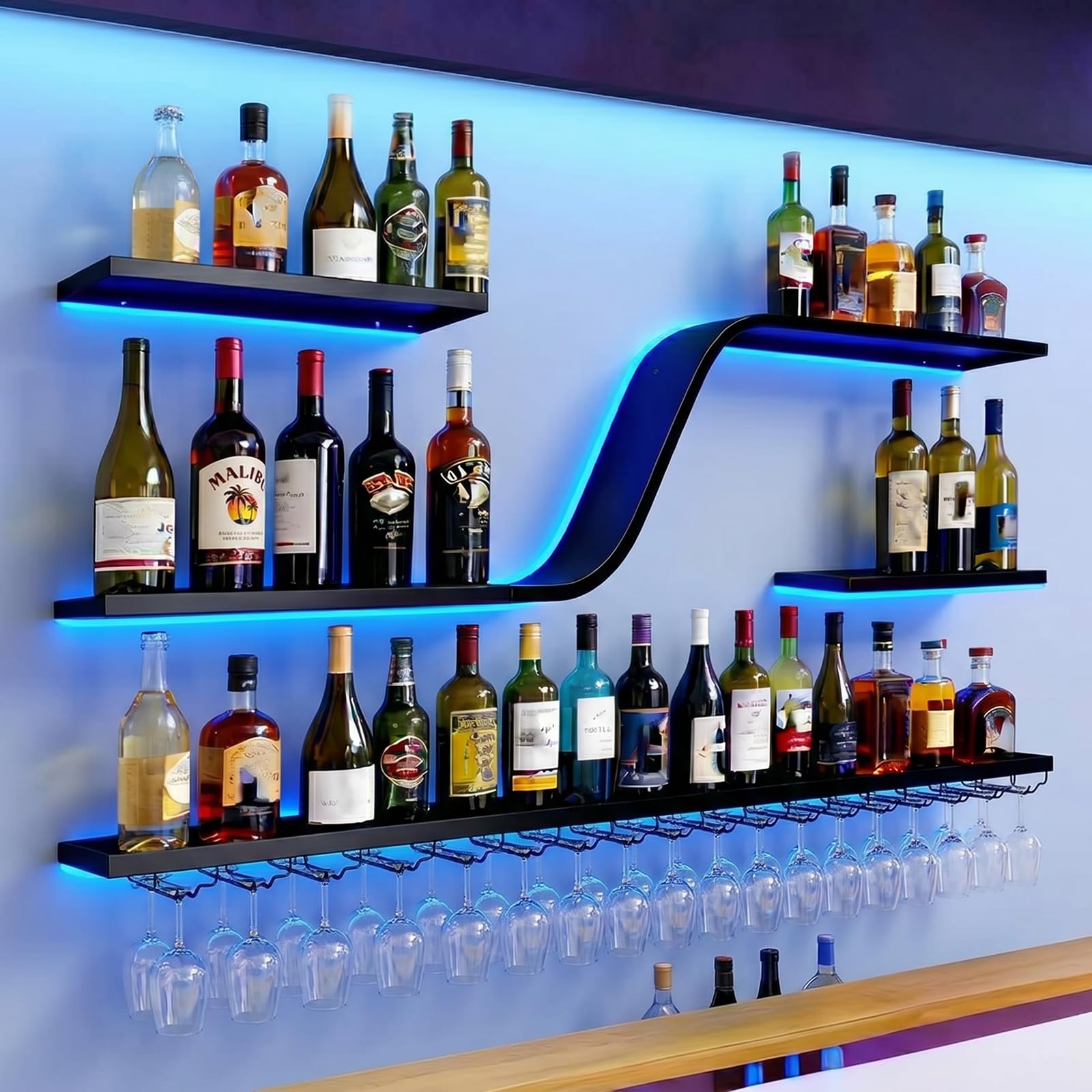 YDEHUEAD 120cm Wall Mounted Wine Rack with blue LED lighting,Metal Liquor Bottle Display Shelf, 3-tiers Bar Shelves, suitable for bars, kitchens, and restaurants (120 * 20 * 80cm)