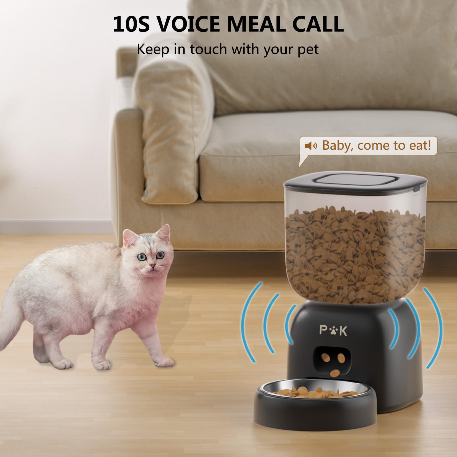 PUPPY KITTY Distributore Automatico Cibo Gatti, 2.4G WiFi Dispenser Cibo Gatti Collegare APP con 10S Registrazion, Ciotola in Acciaio Inossidabile 304, 1-10 Pasti al Giorno, 3L