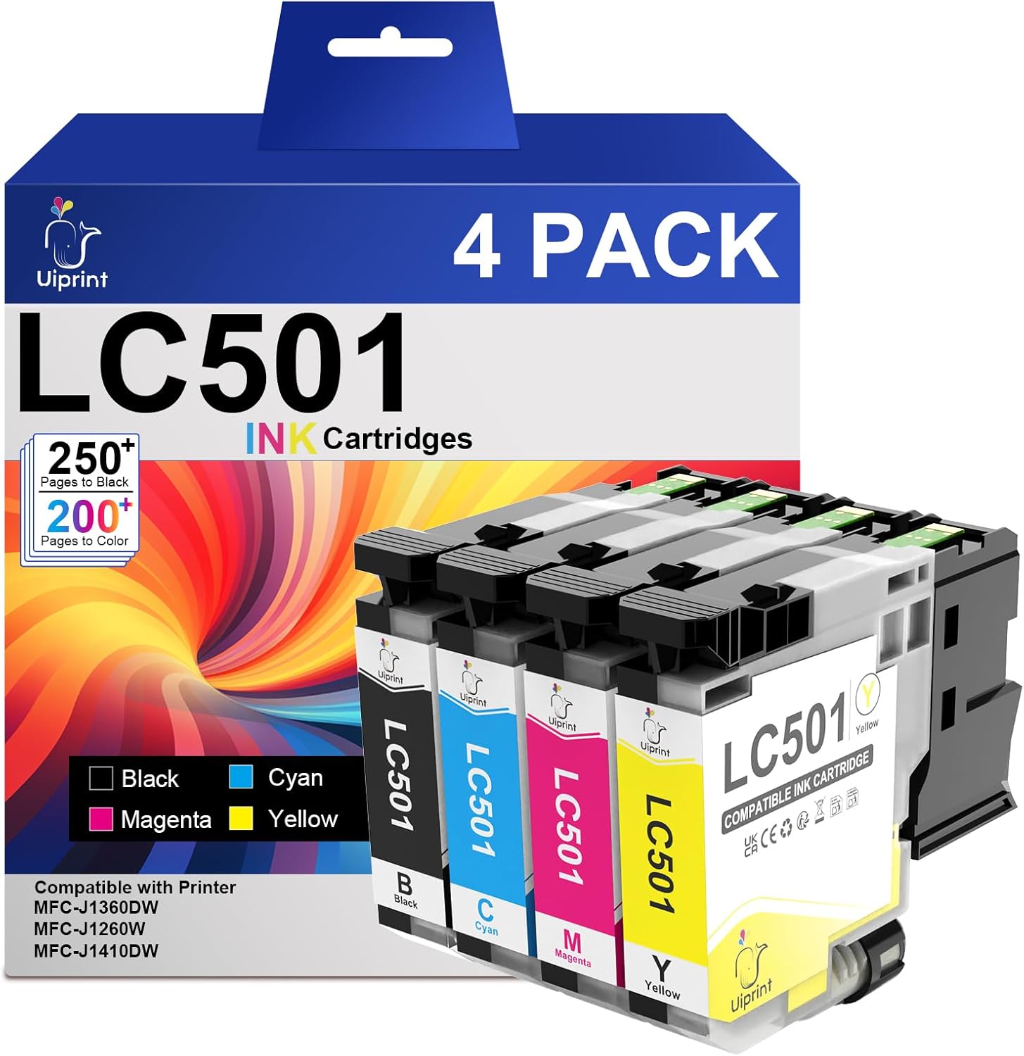 LC501 Ink Cartridges Replacment for Brother LC501XL LC501 Series Inks Compatible with Brother MFC-J1360DW MFC-J1410DW MFC-J1260W Printer, LC5014PK High Yield (Black, Cyan, Magenta, Yellow)