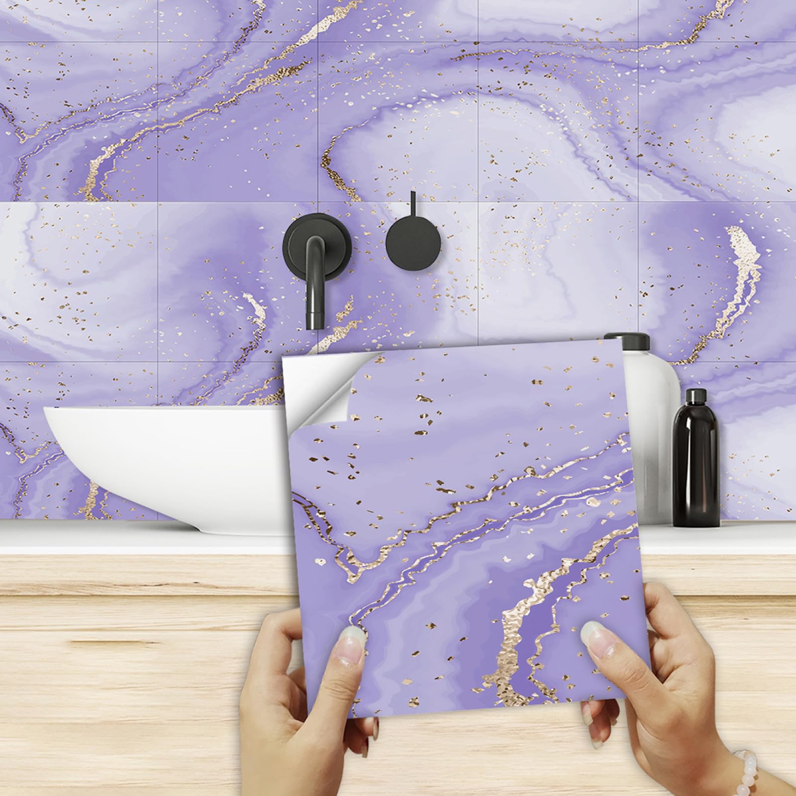 Kitchen Tile Stickers - 15cm x 15cm Purple Stick-on Tiles for Bathroom & Kitchen Backsplash - Self-Adhesive Vinyl Home Decoration (10 Pieces)