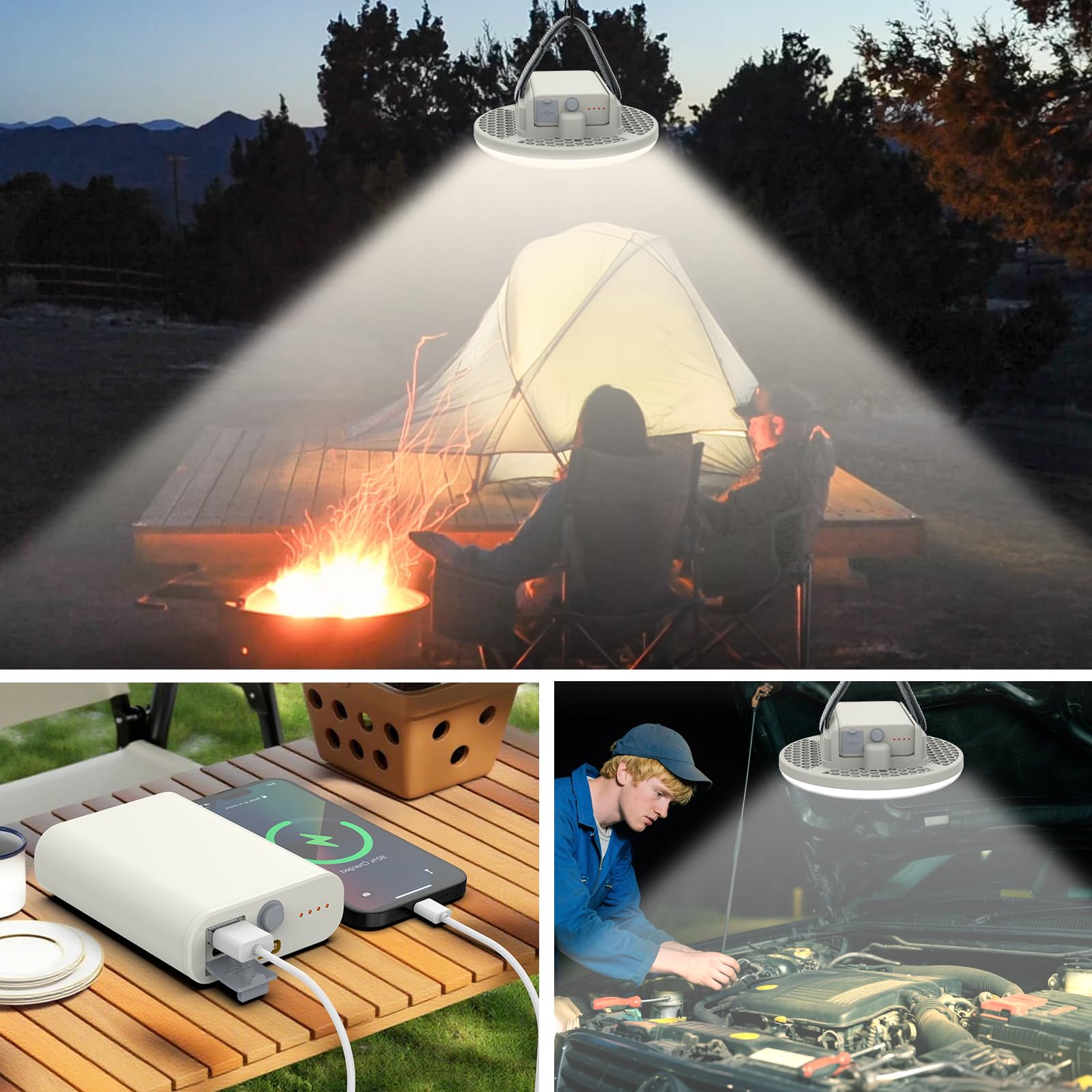 Lampada da Campeggio Ricaricabile 7200mAh & Batteria 2 in 1, Luce Campeggio con Luce Calda e Fredda, Regolazione Continuata della Luminosità, Lampade Ricaricabili con Cinghia a Gancio e Moschettone