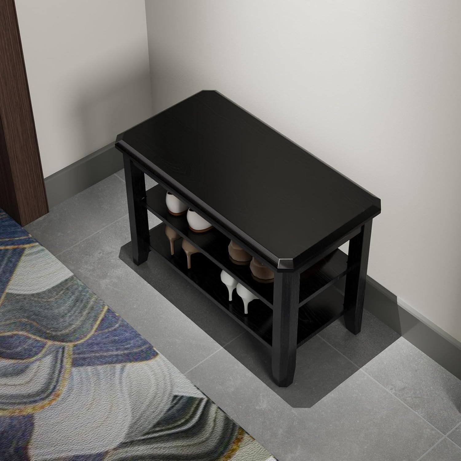 wood shoe rack bench for entryway, 2 tier shoe rack for front door entrance, shoe bench with shoe storage for entryway, bedroom, 23.6" black 23.62