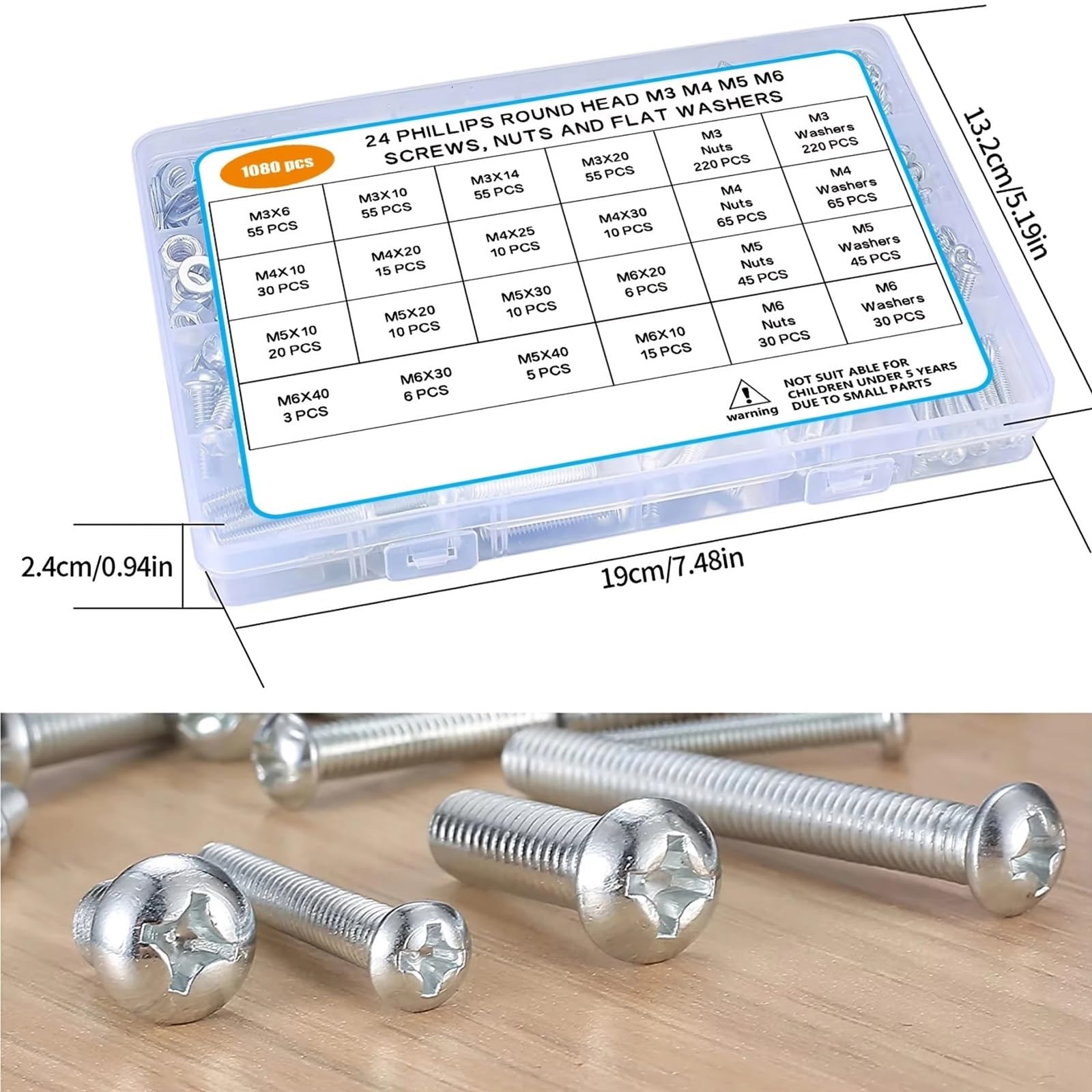 Vis Boulons Et Écrous Kit Kit d'assortiment de vis, boulons et écrous, à métaux métriques, rondelles plates, M3/M4/M5/M6, 1080 pièces