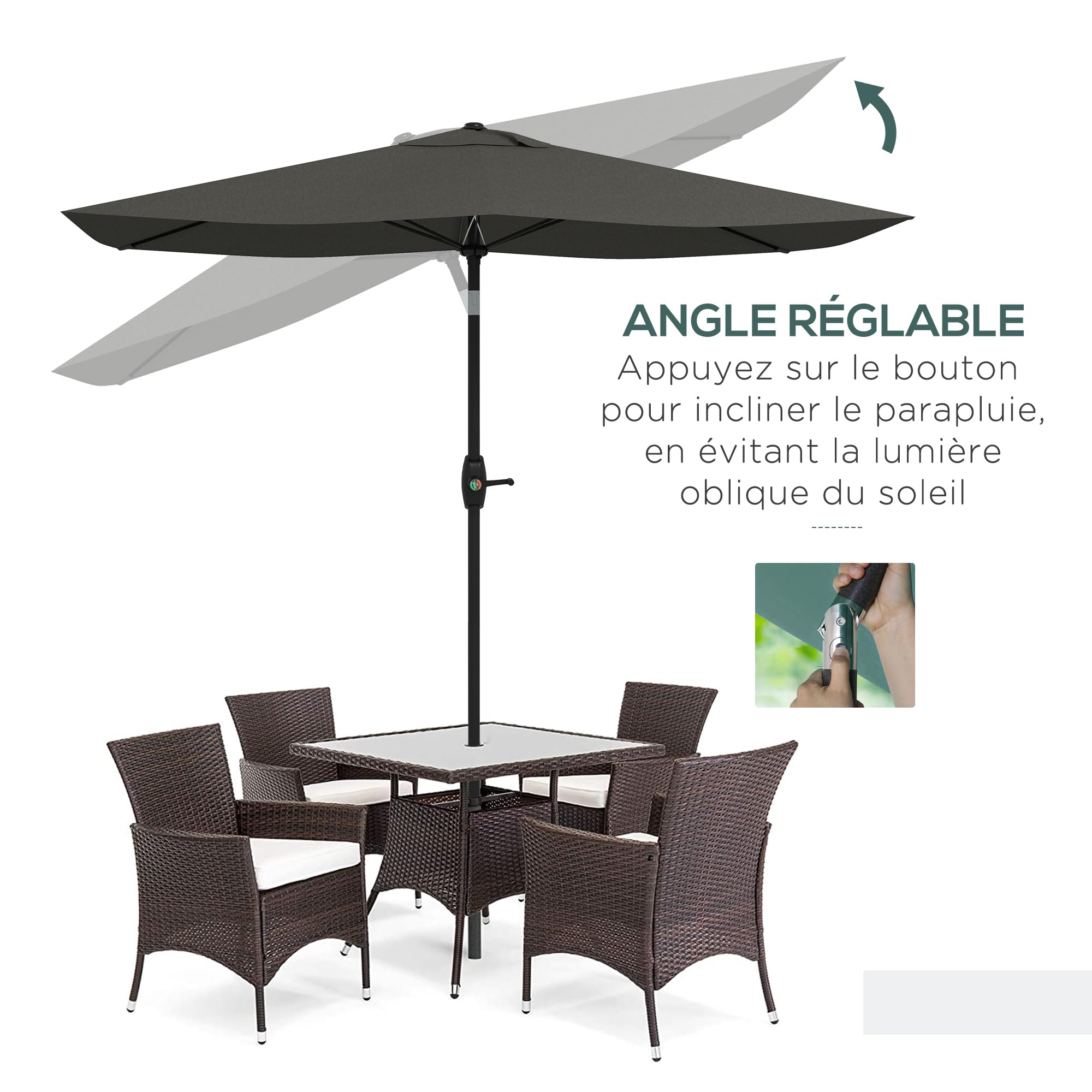 Outsunny Parasol de jardin Parasol droit rectangulaire inclinable 2 x 3 m avec manivelle toile polyester imperméabilisée haute densité 180 g/m² gris foncé
