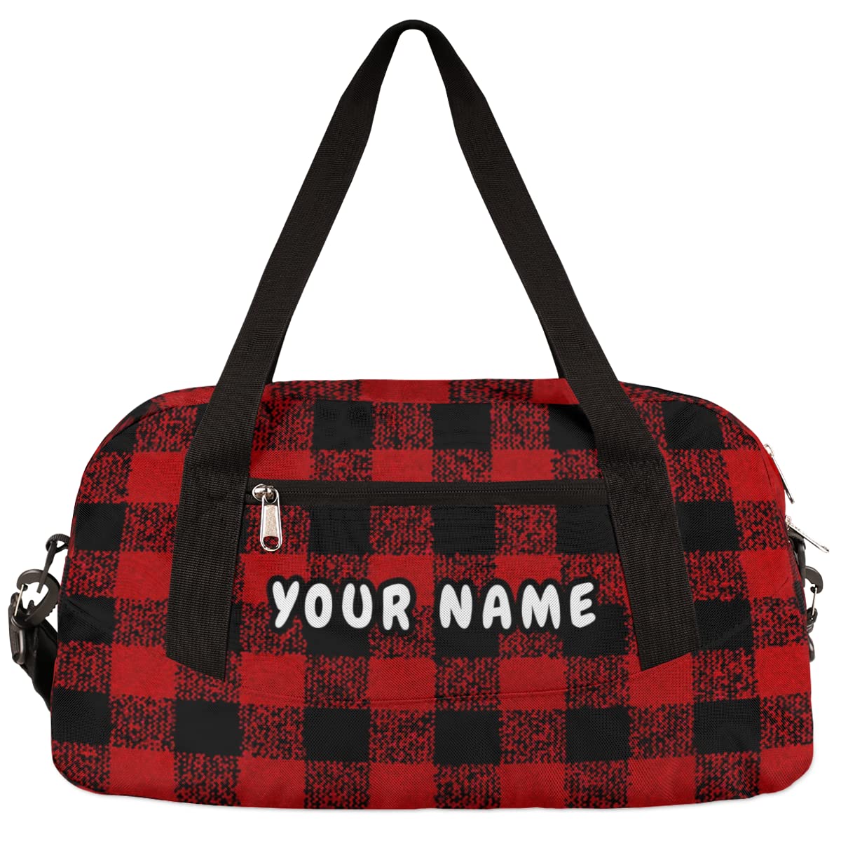 Red Black Buffalo Plaid Personalized Kids Duffel Bag for Girls Boys, Buffalo Plaid Custom Name Dance Bag Overnight Small Duffel Bag Carry On Sports Travel Bag for School Practice Gymnastics Ballet