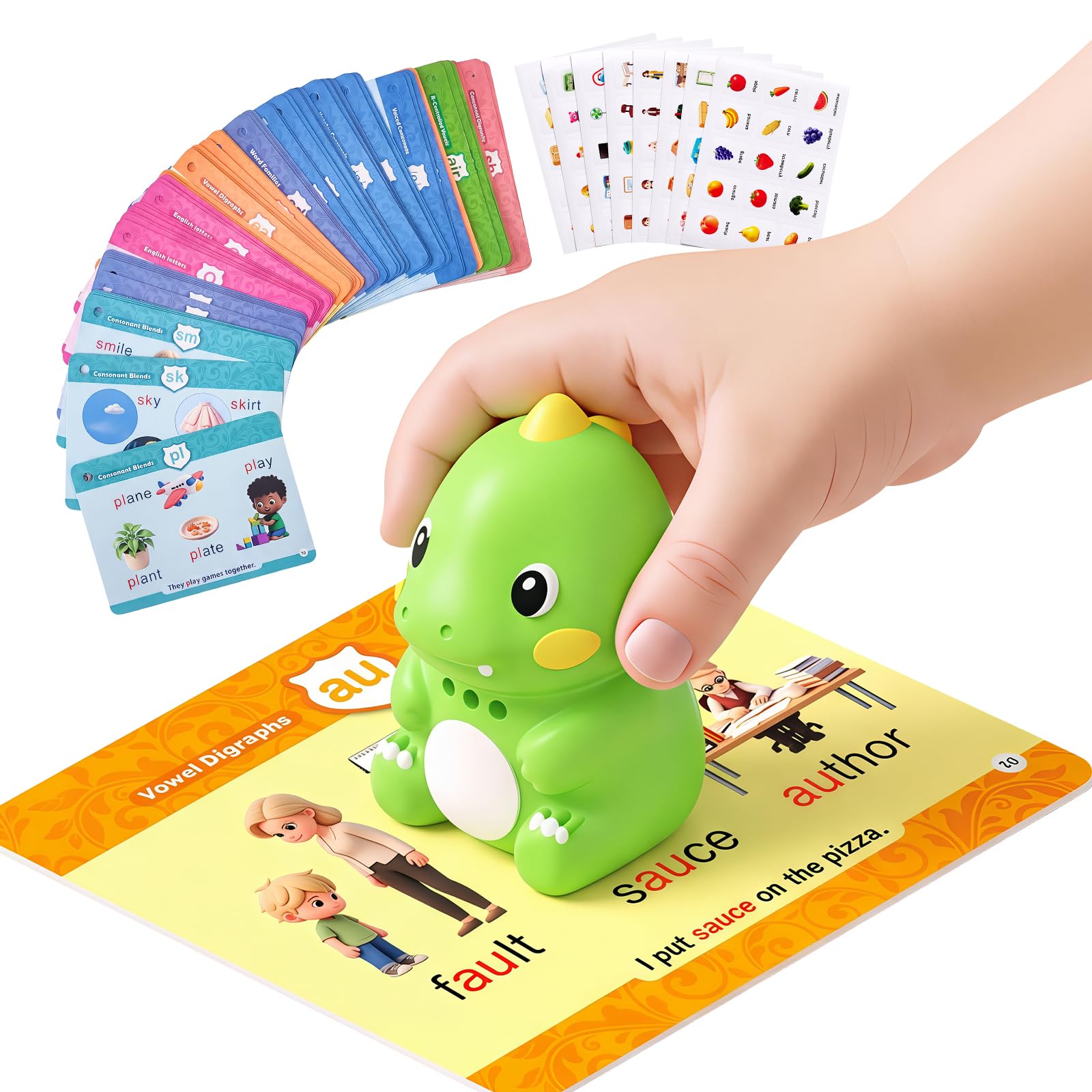 Dinosaur Talking Pen with Phonics Flash Cards for Toddlers, 600+ English Words, 120+ Stickers, Autism Sensory & Speech Therapy Toy, ABC 123 Educational Interactive Learning Toy for Kids Ages 3-8
