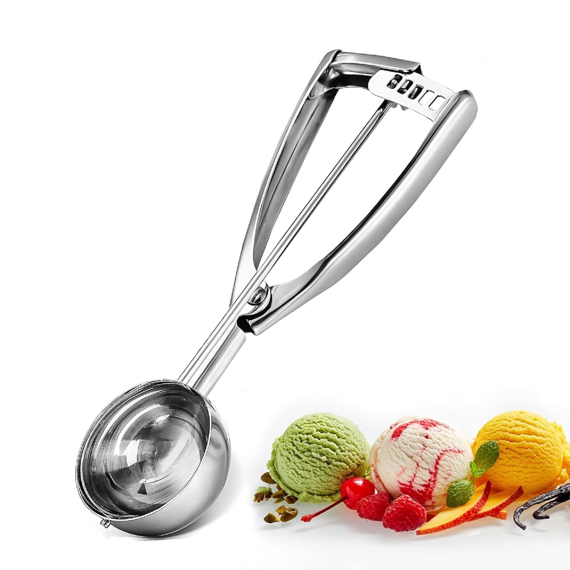 Ice Cream Scoop with Trigger Release | Stainless Steel Round Scooper for Ice Cream, Rice, Desserts & Food Portioning | Easy Press Handle