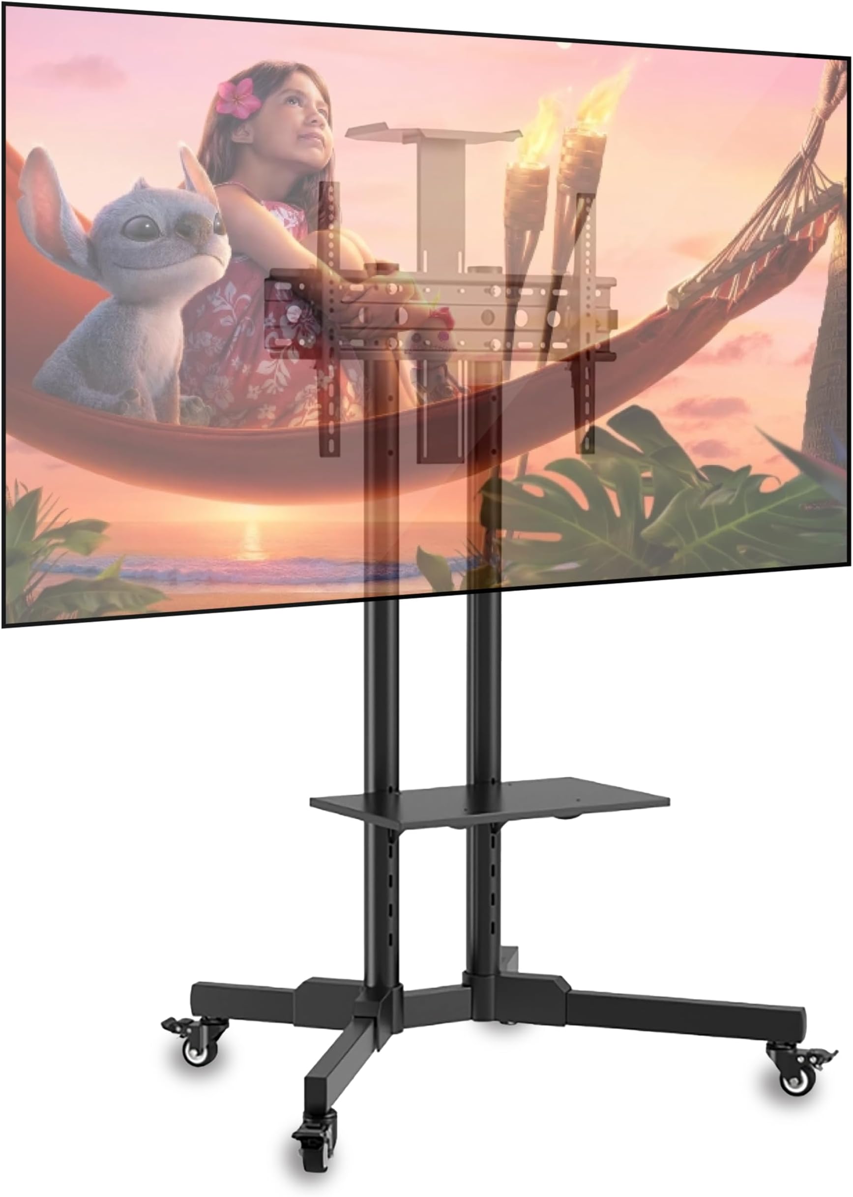 AZTECH Heavy-Duty Rolling TV Stand for 32–85" Screens — Supports 187 lbs (154 lbs TV + 33 lbs Shelf), Stable Mobile TV Cart with Shelf & Locking Wheels, Floor TV Stand, Max VESA 600x400, Black