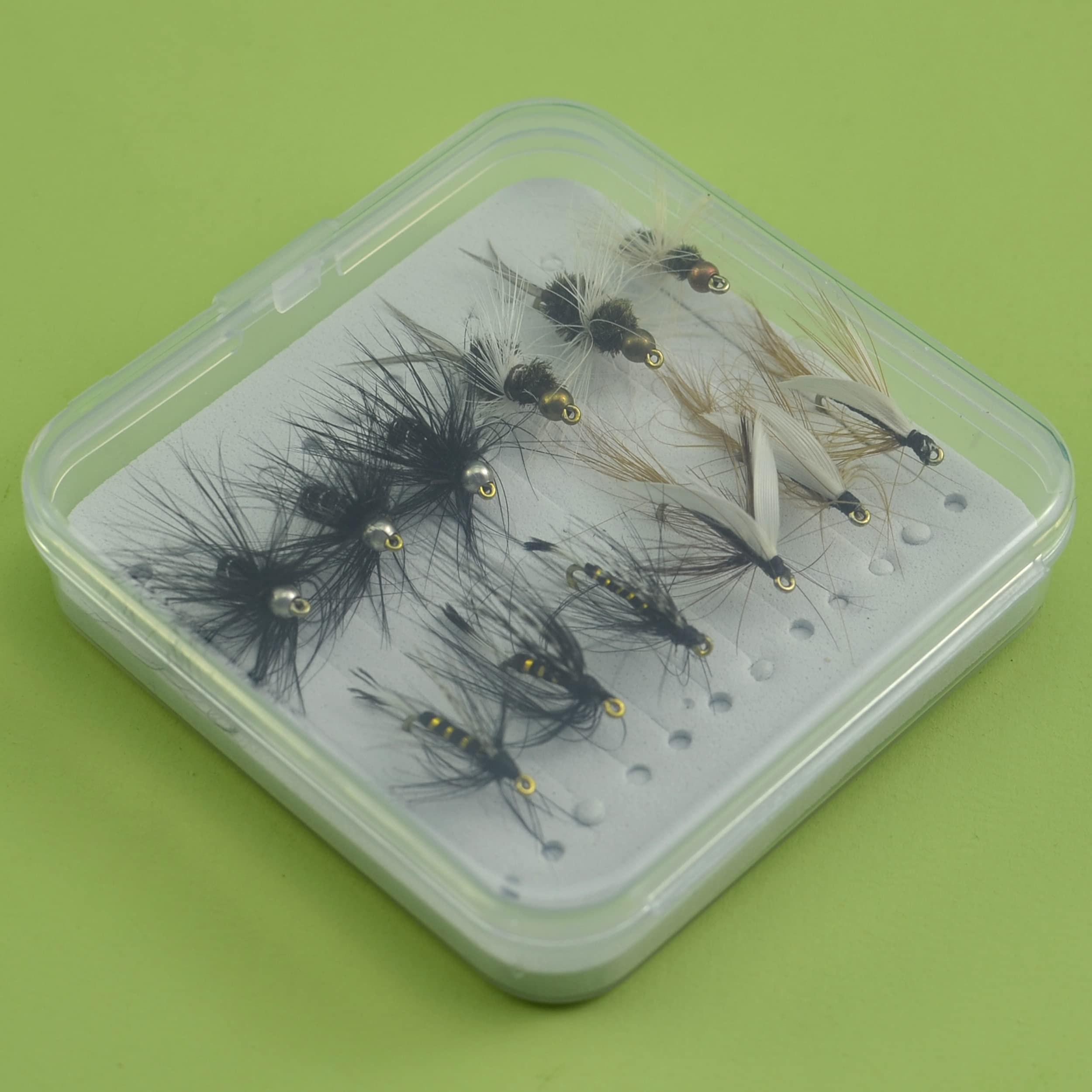 Kit de Pêche à la Mouche | Mouches Sèches et Humides | 12 Pièces (Buzzer Tête Perle)