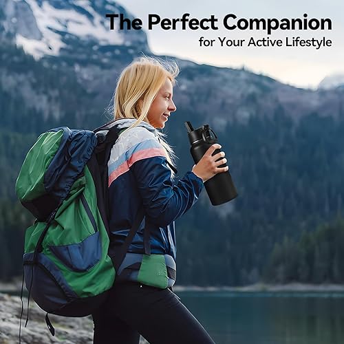 Miniatura 7 de Neihepal Botellas de agua aisladas de 32 onzas a granel con 2 tapas (tapa con pajilla y boquilla), botella de agua de doble pared de acero