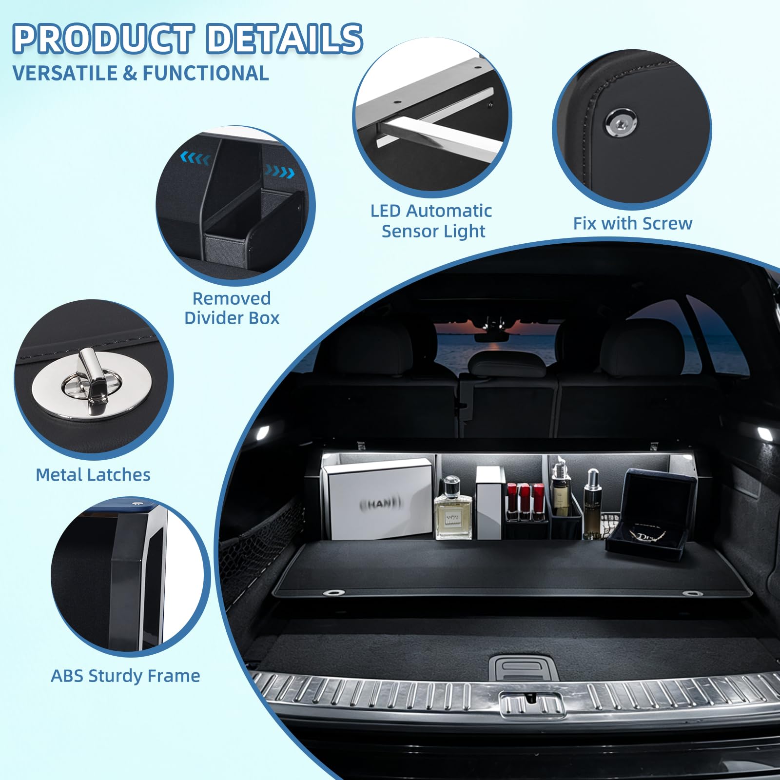 Organizer per bagagliaio con illuminazione intelligente, maniglia stabile, telaio in ABS, auto a LED (luce soffusa), funzionamento AA (LED, 103 x 29 x 31 cm)
