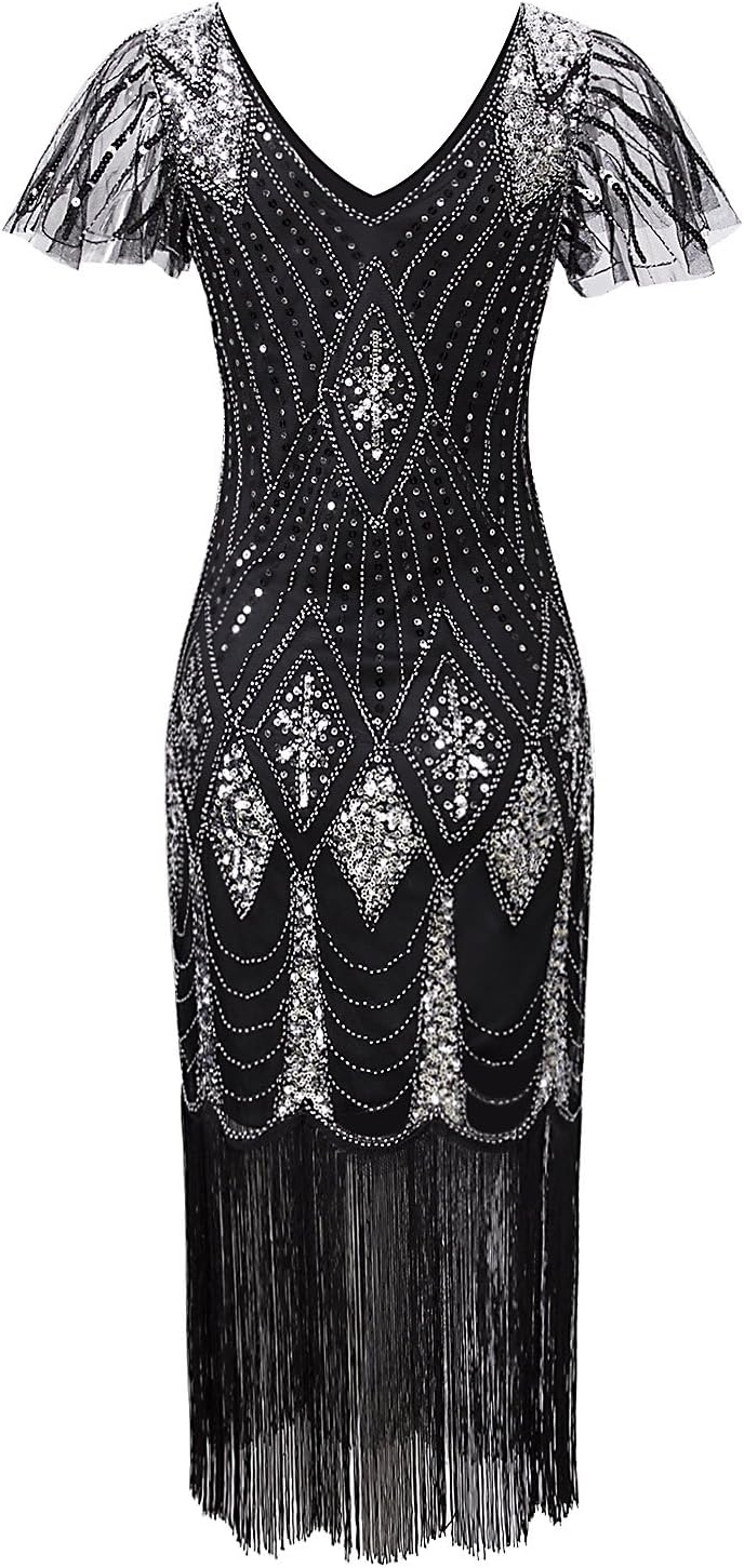 Vijiv Women's 1920s Gatsby Inspired Sequin Beads Long Fringe Flapper Dress with Sleeves - Image 4